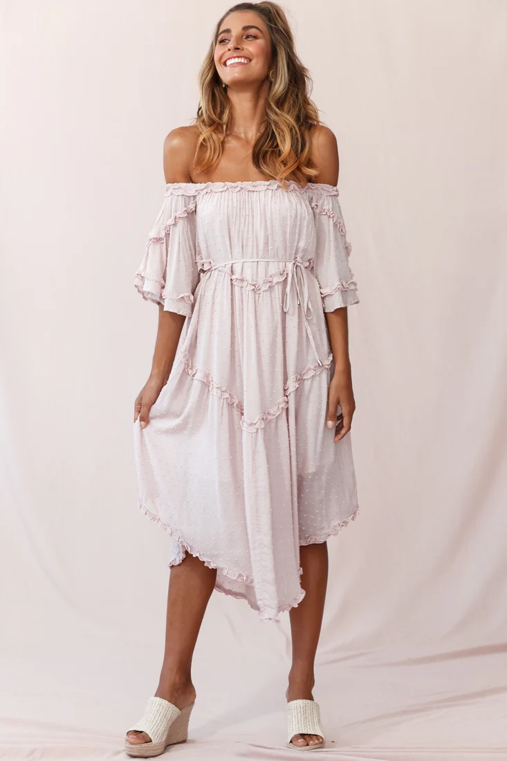 Renoir Off-Shoulder Frill Trim Midi Dress Mauve - Image 6