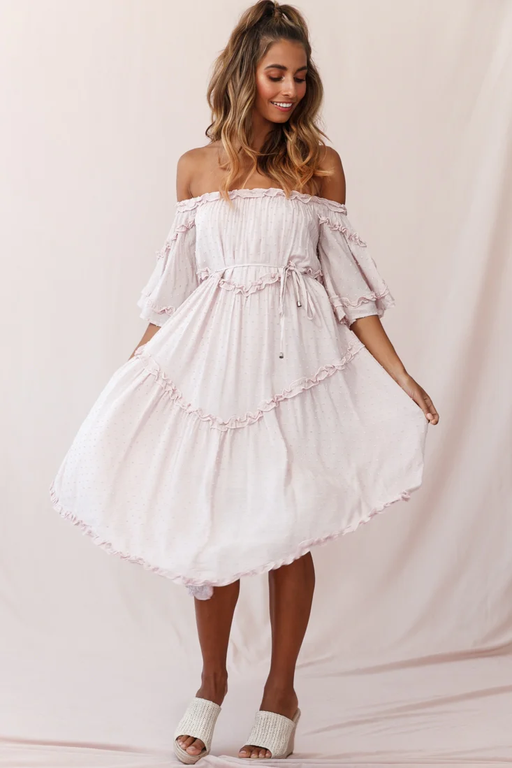 Renoir Off-Shoulder Frill Trim Midi Dress Mauve - Image 7