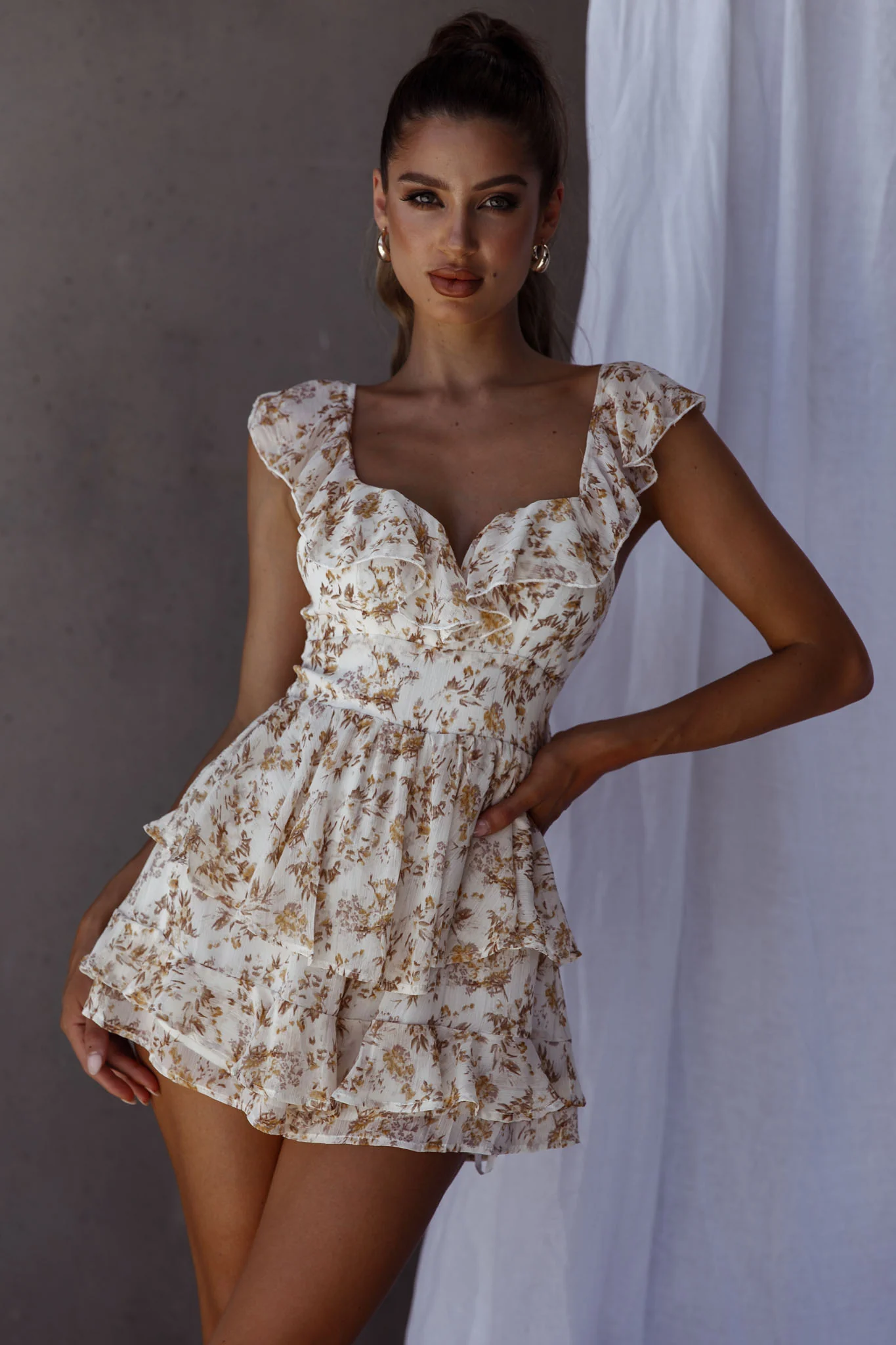 Revel Ruffle Trim Tied Back Romper Floral Yellow - Image 6