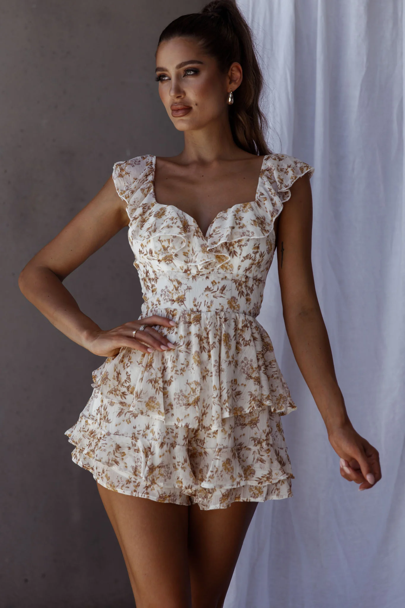 Revel Ruffle Trim Tied Back Romper Floral Yellow - Image 7