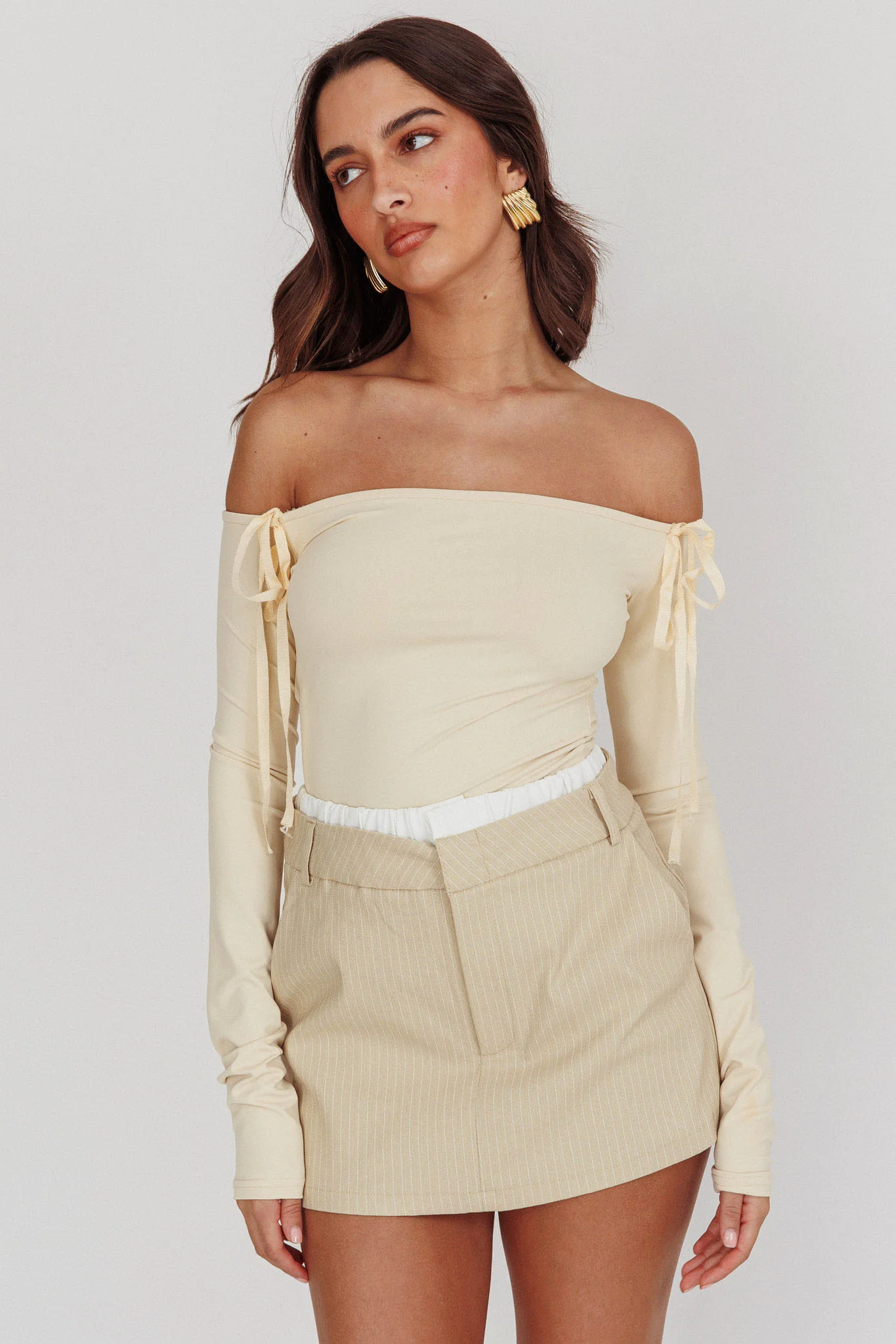 Rhian Pinstripe Double Waistband Skort Beige White - Image 2
