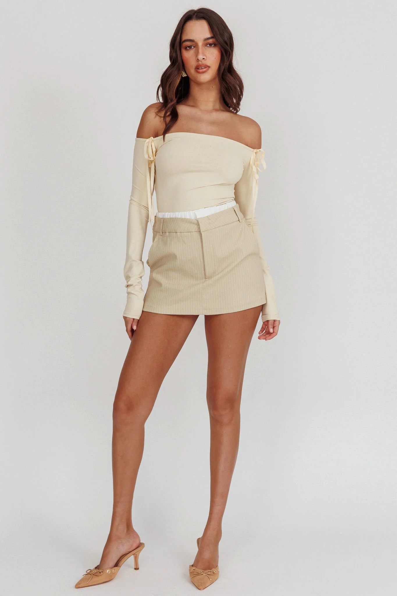 Rhian Pinstripe Double Waistband Skort Beige White - Image 4