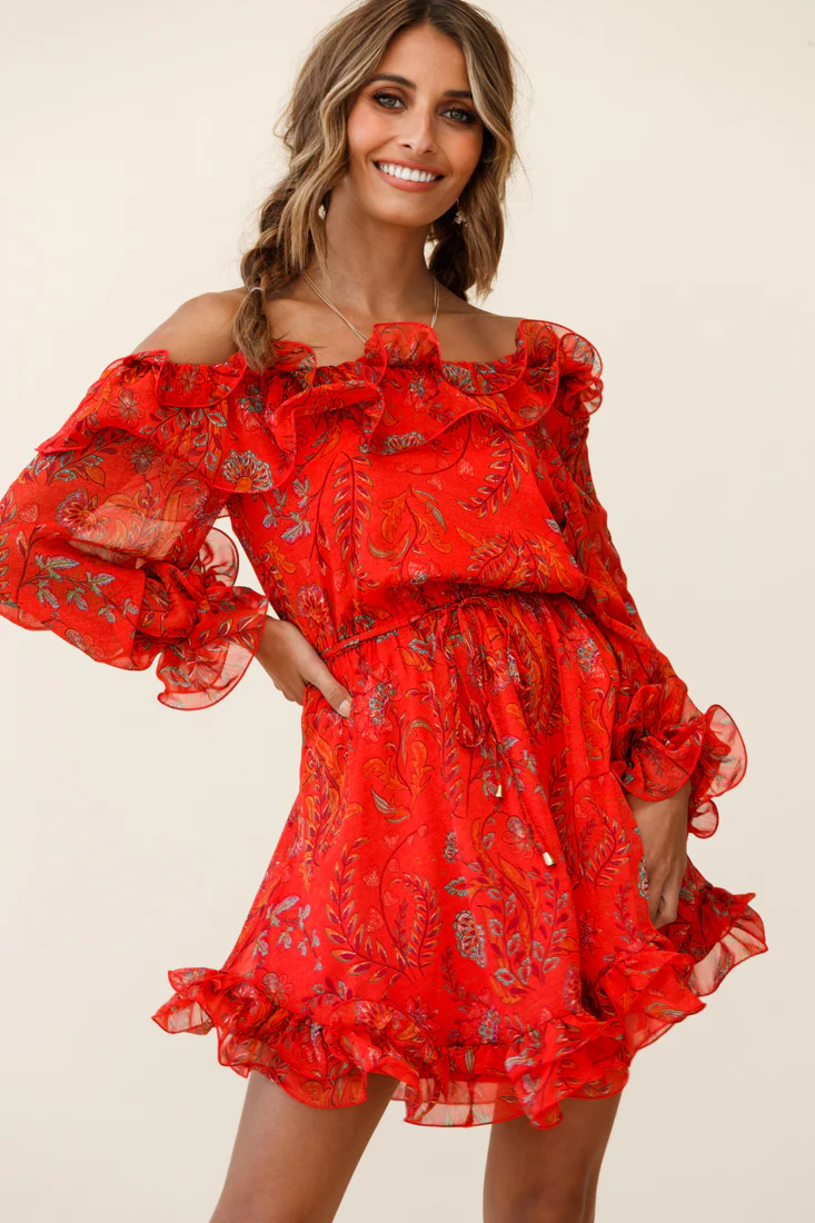 Rhiannon Off-Shoulder Lettuce Frill Dress Floral Print Red - Image 4