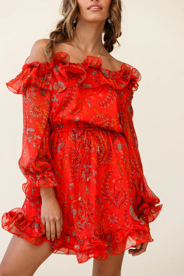 Rhiannon Off-Shoulder Lettuce Frill Dress Floral Print Red - Image 7