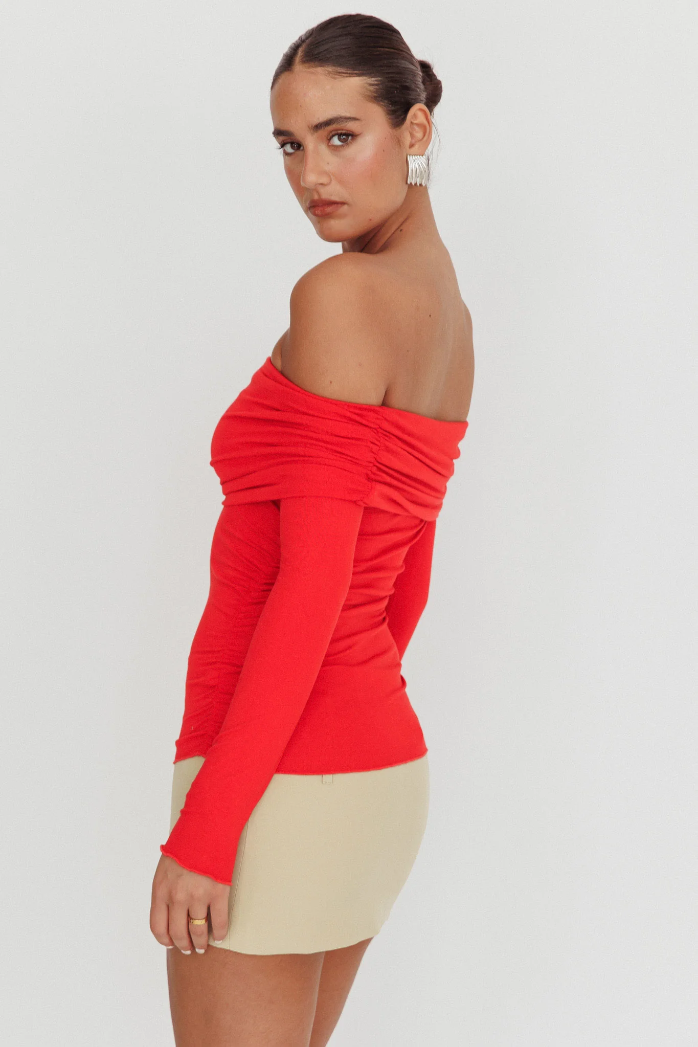 Ricki Off-Shoulder Long Sleeve Top Red - Image 3
