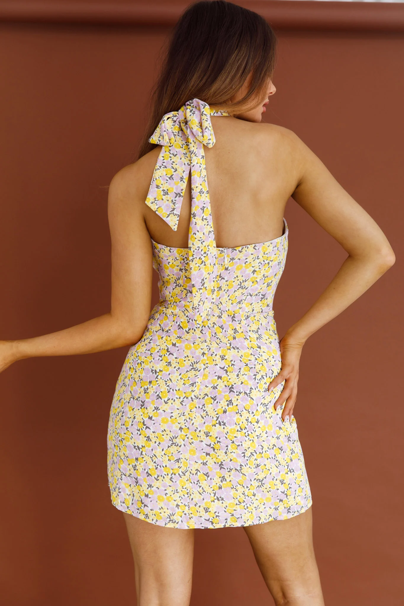 Ride Or Die Halterneck Mini Dress Floral Yellow - Image 2