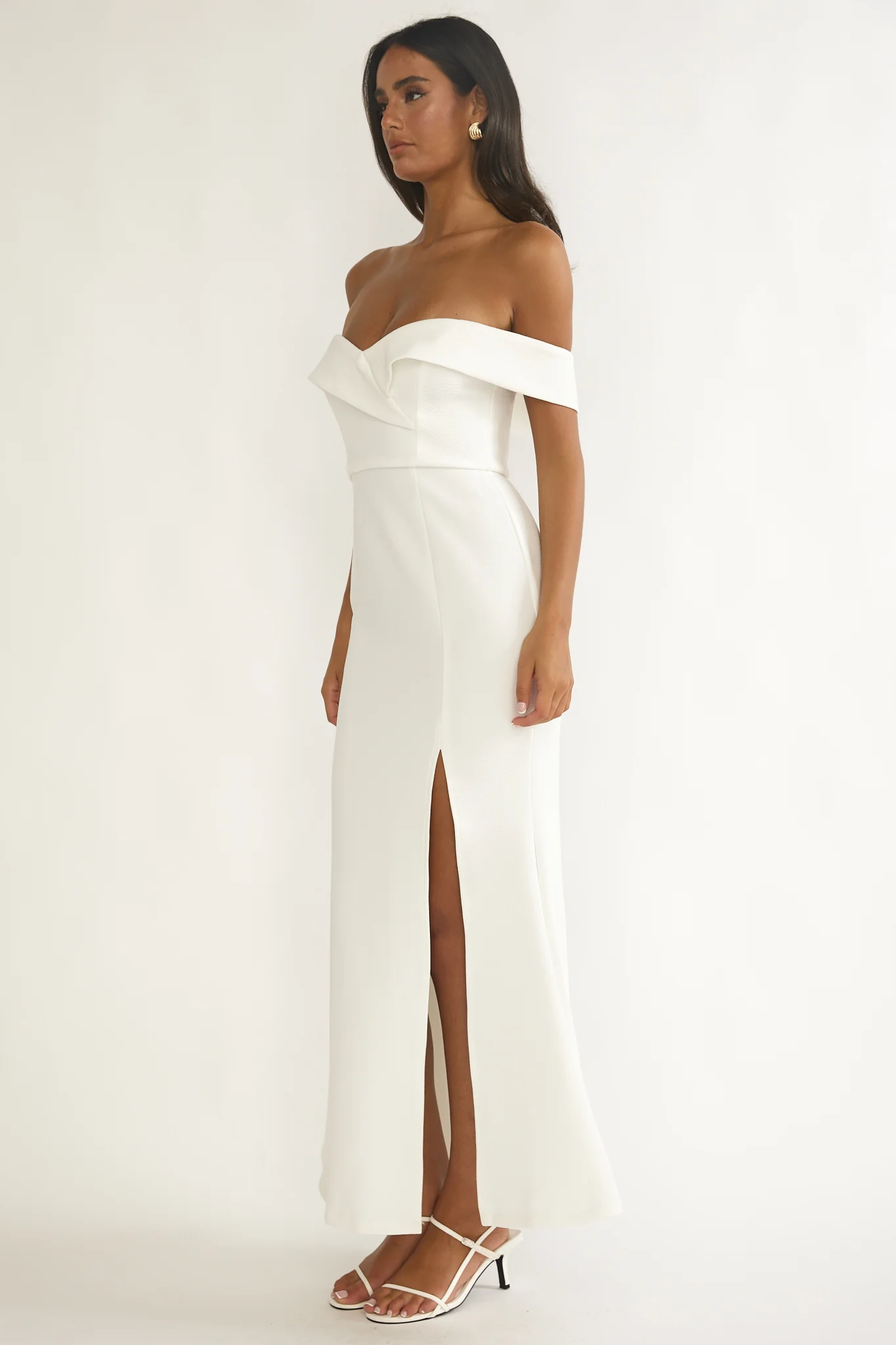 Rider Off-Shoulder Front Split Maxi Dress White - Image 10