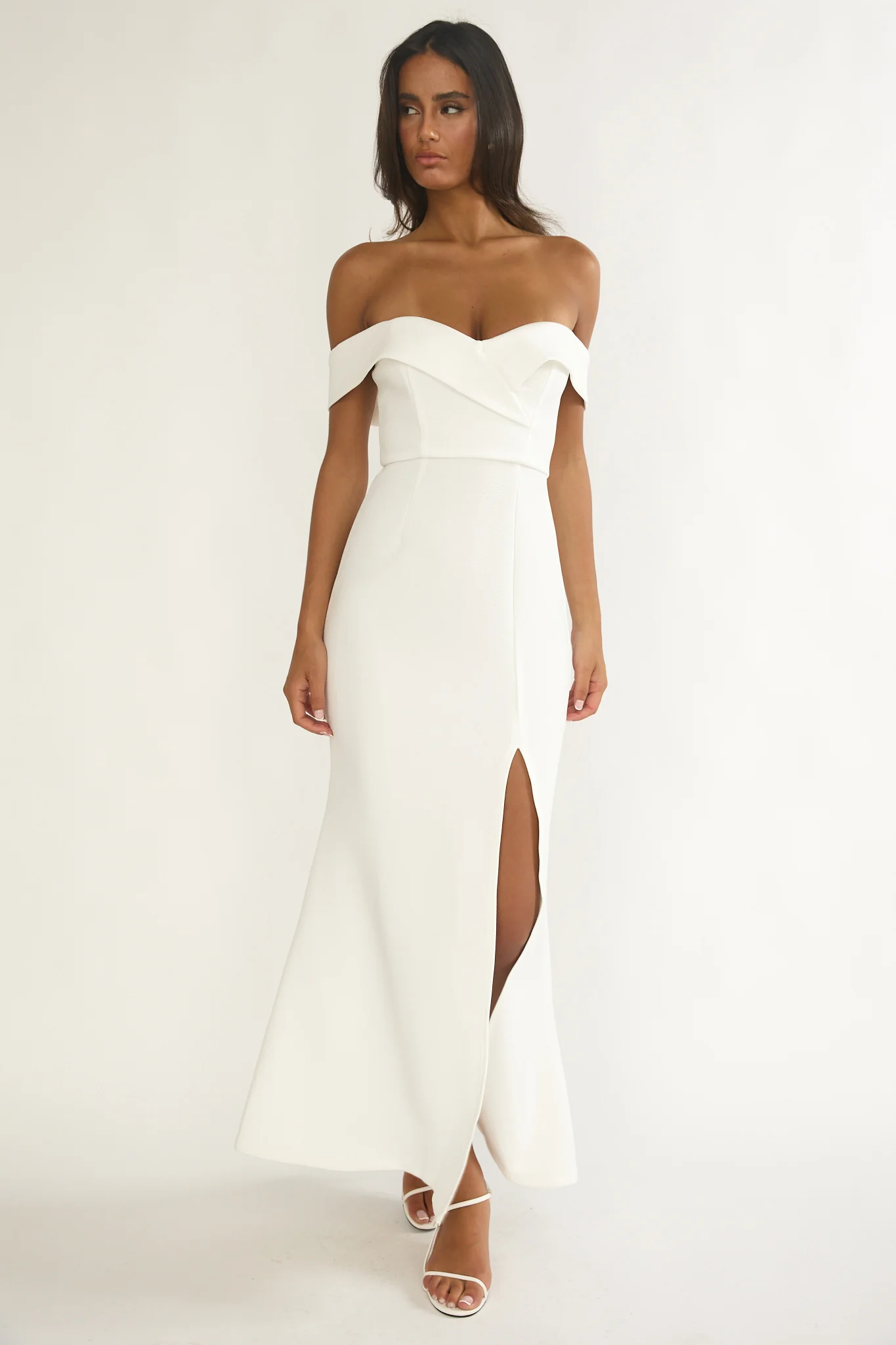 Rider Off-Shoulder Front Split Maxi Dress White - Image 8