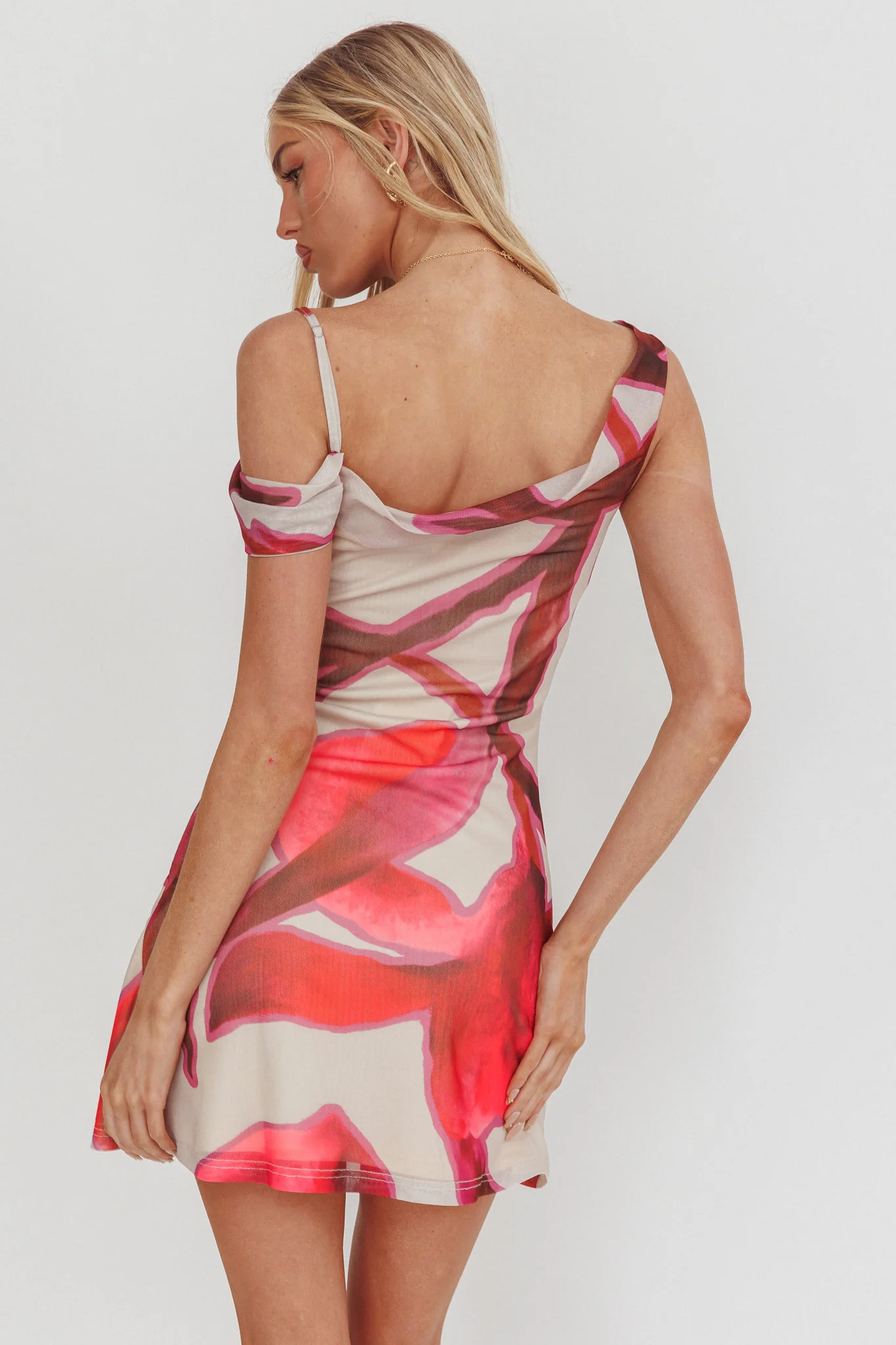 Riders Asymmetric Neckline Mini Dress Print Beige - Image 2