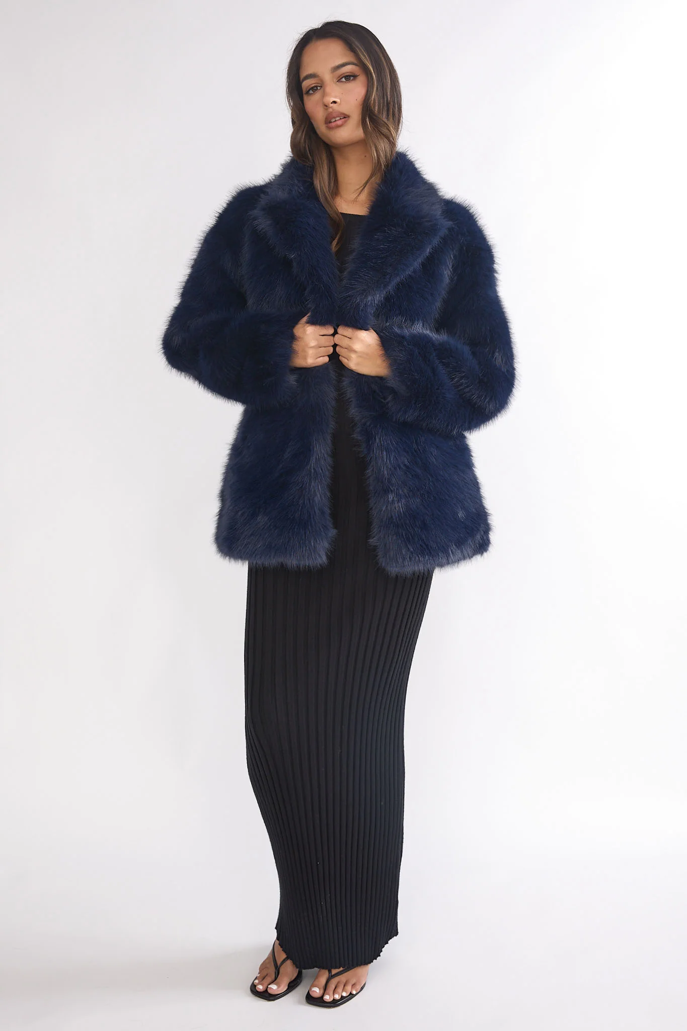 Rilani Faux Fur Pocket Coat Navy - Image 3