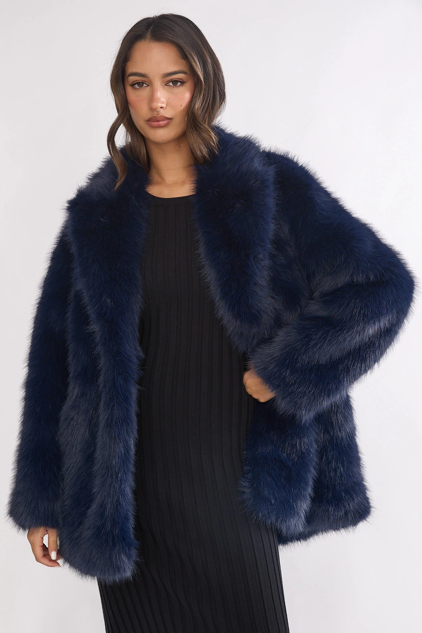 Rilani Faux Fur Pocket Coat Navy - Image 6