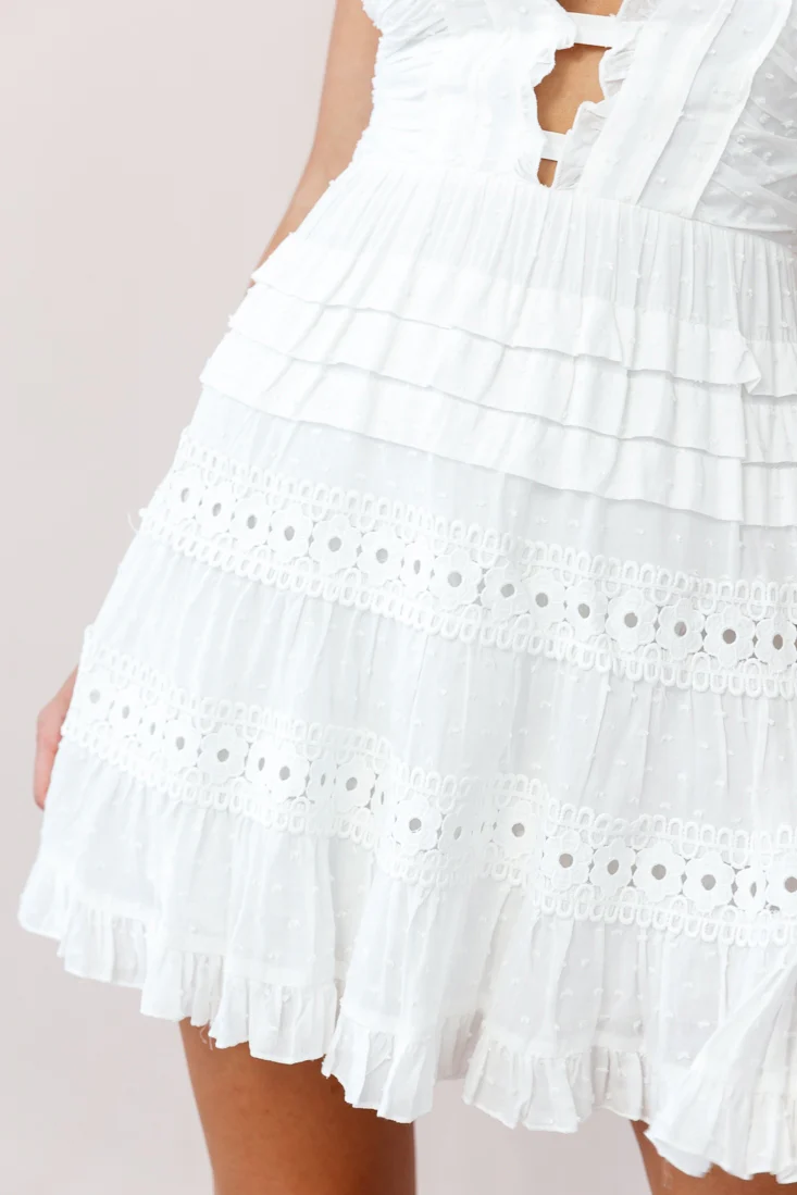 Riley Deep V-Neckline Ruffle Detail Dress White - Image 4