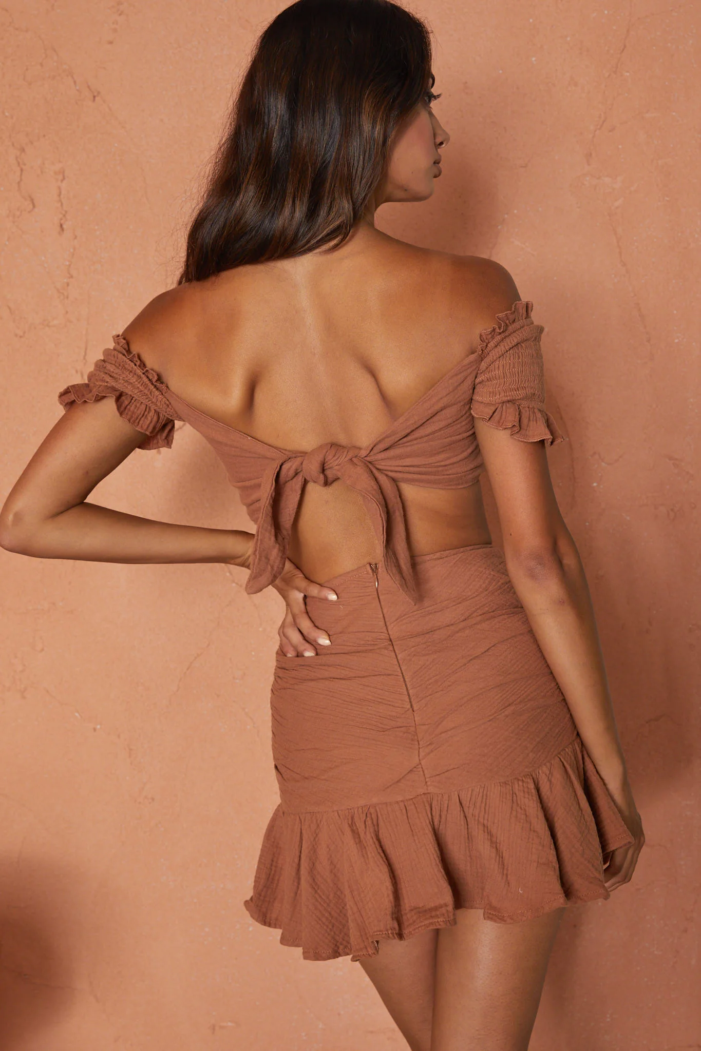 Rise And Shine Shirred Bodice Tied Back Crop Top Latte - Image 2