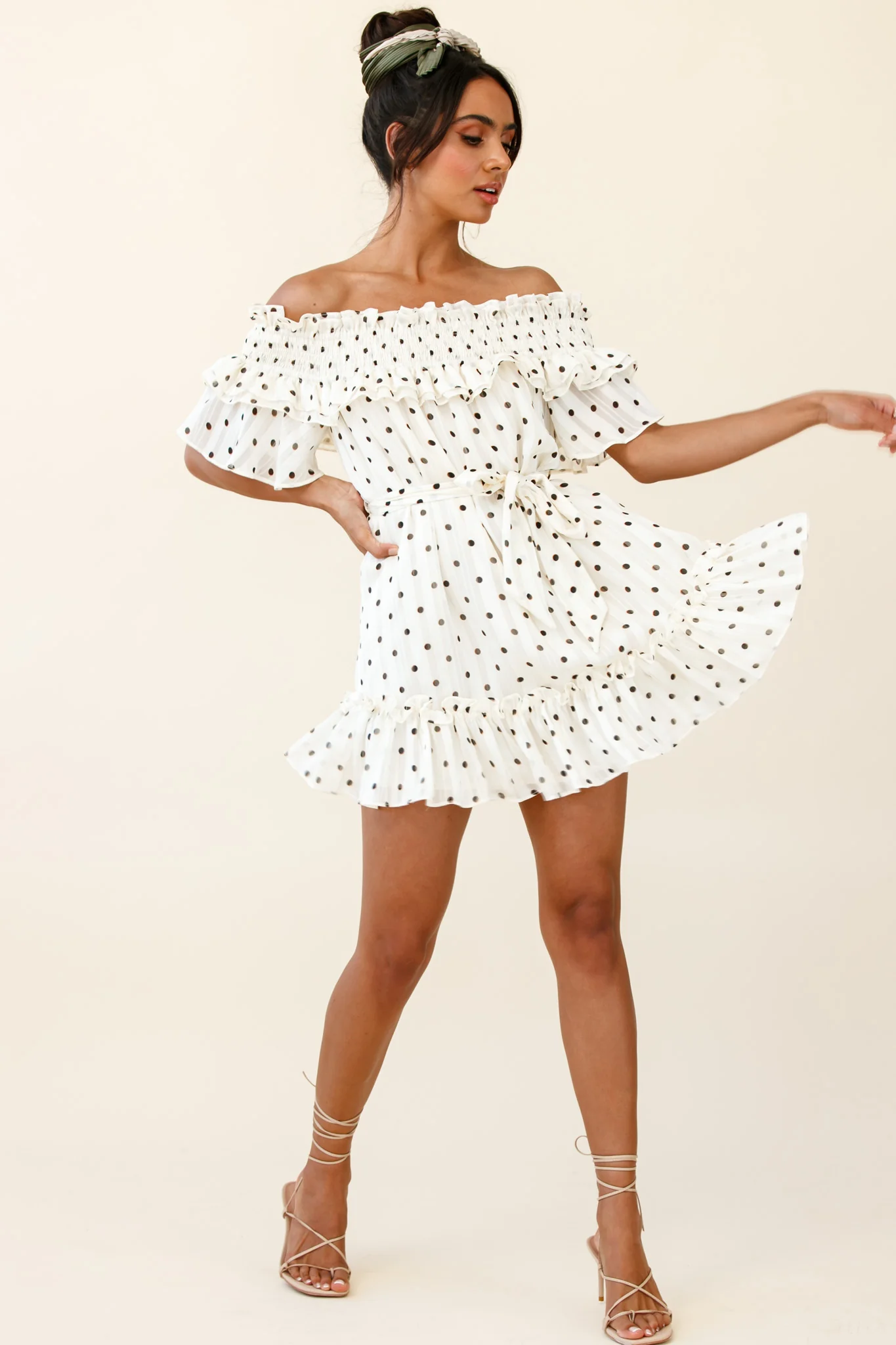 Rita Shirred Off-Shoulder Dress Polka Dot Print White - Image 2