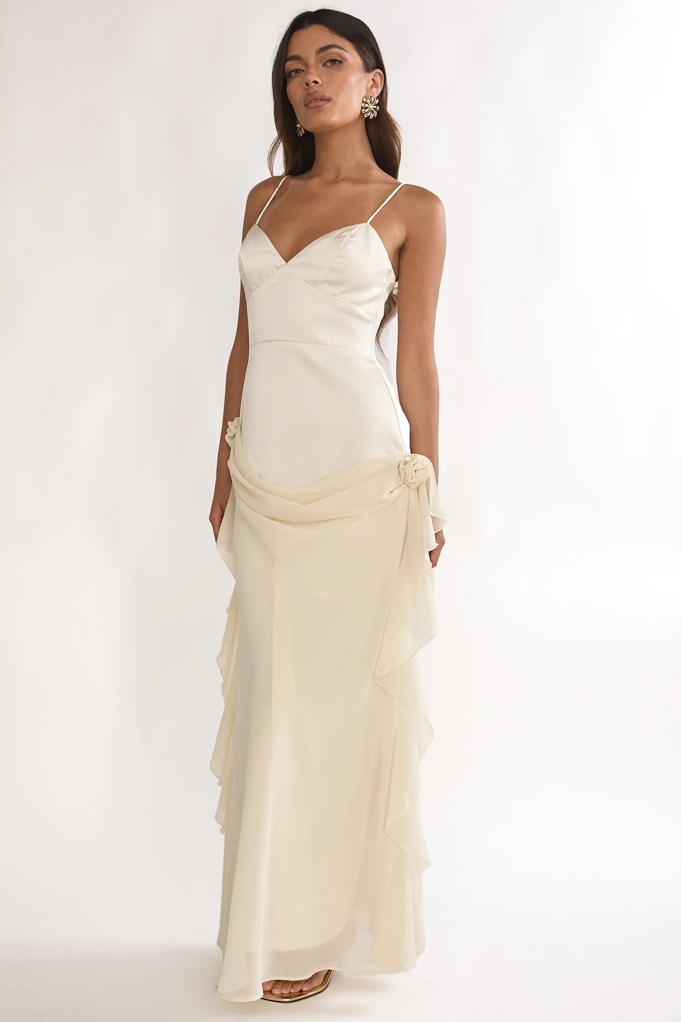 Rivena Rosette Chiffon Drape Maxi Dress Oyster - Image 2