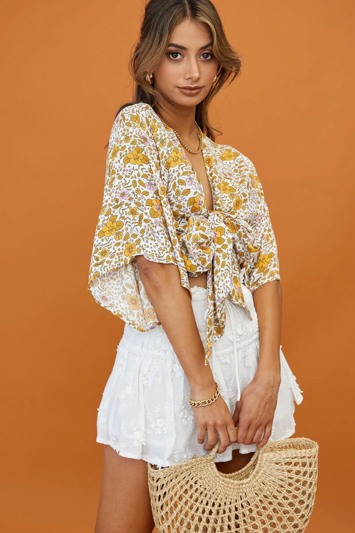 Rivera Deep-V Tie Front Crop Top Floral Print White/Yellow - Image 6