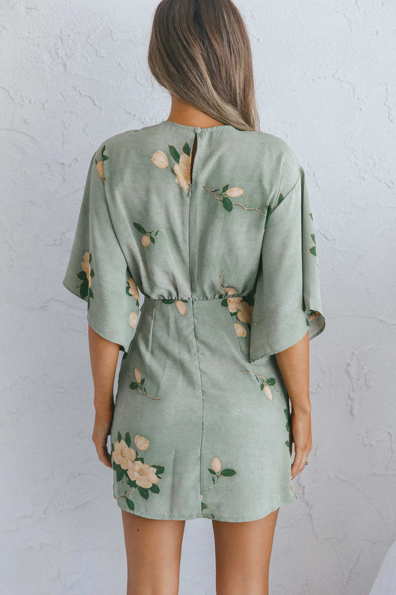 Rivera Deep-V Waist-Tie Dress Rose Floral Print Sage - Image 3