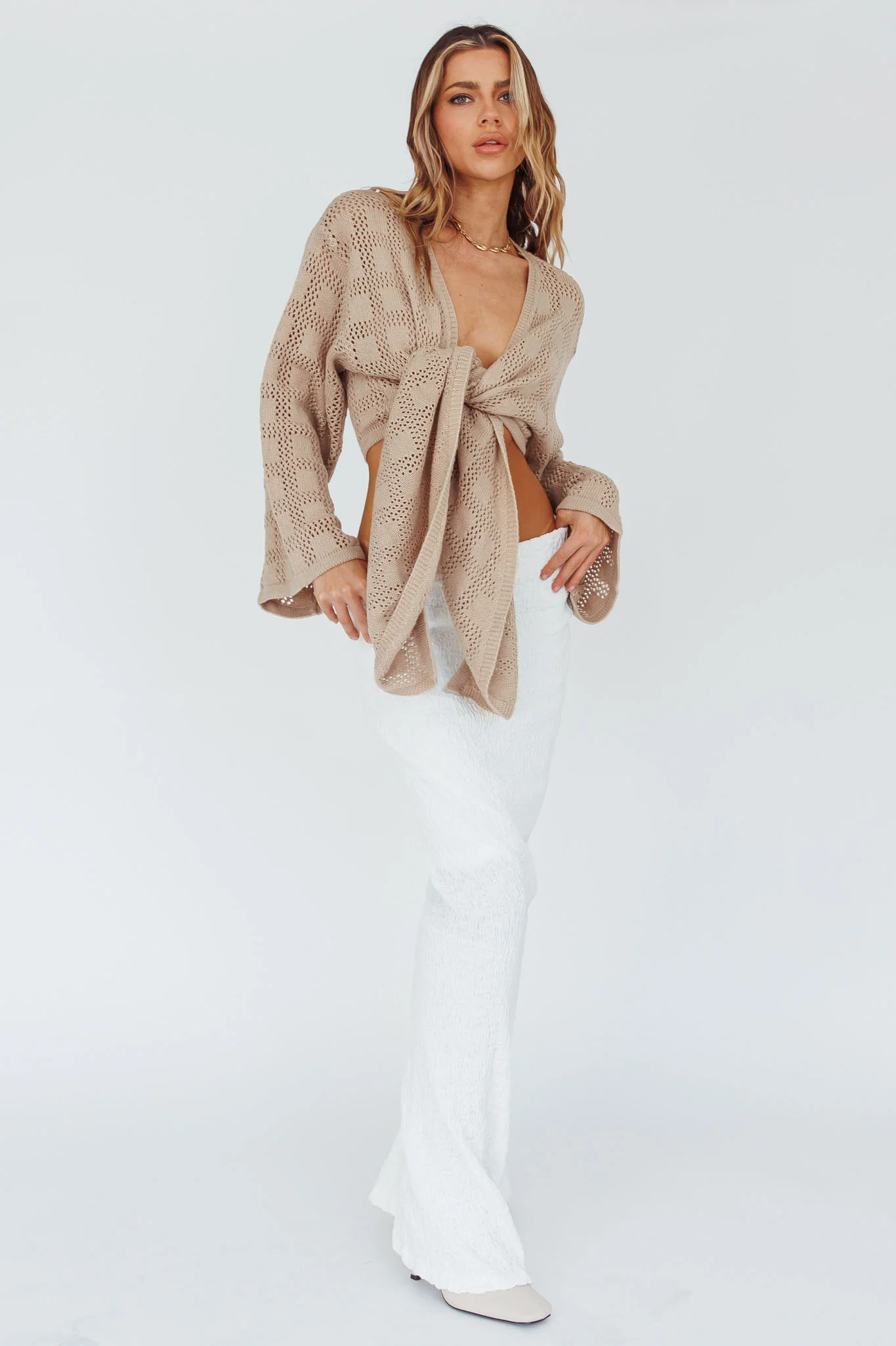 Rivera Deep-V Waist-Tie Top Crochet Sand - Image 6
