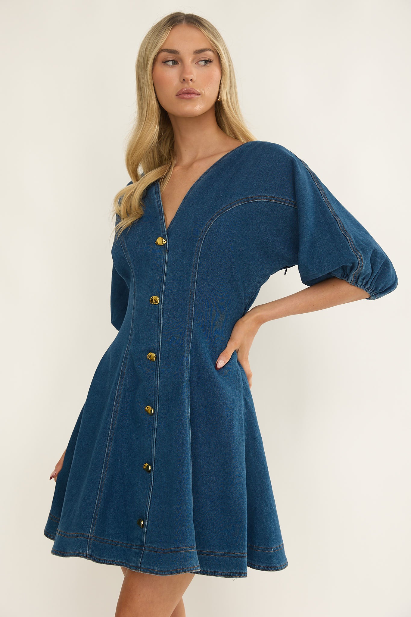 Rivette Bubble Sleeve Mini Dress Denim - Image 6