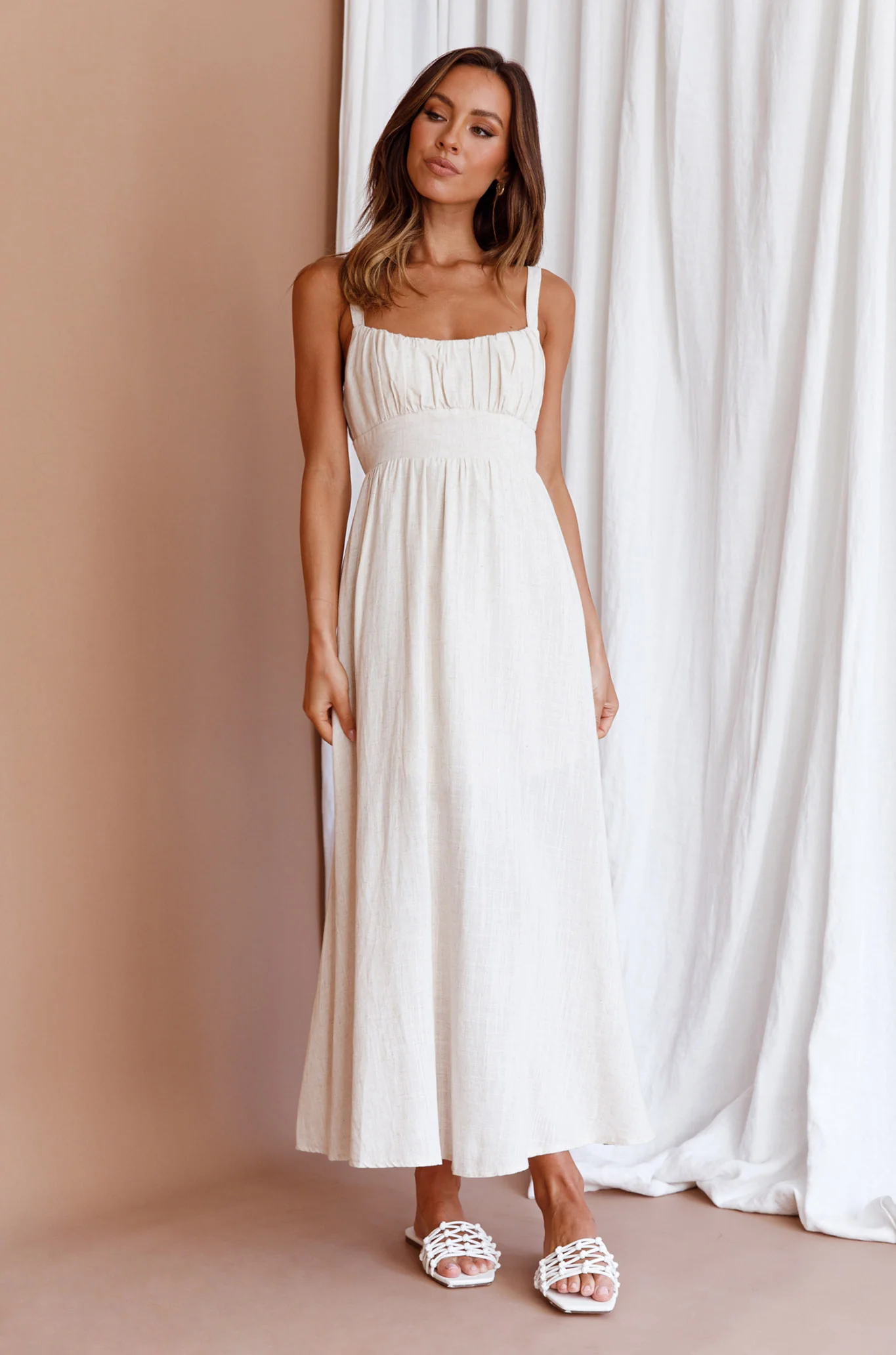Roberta Gathered Bust Midi Dress Natural - Image 3