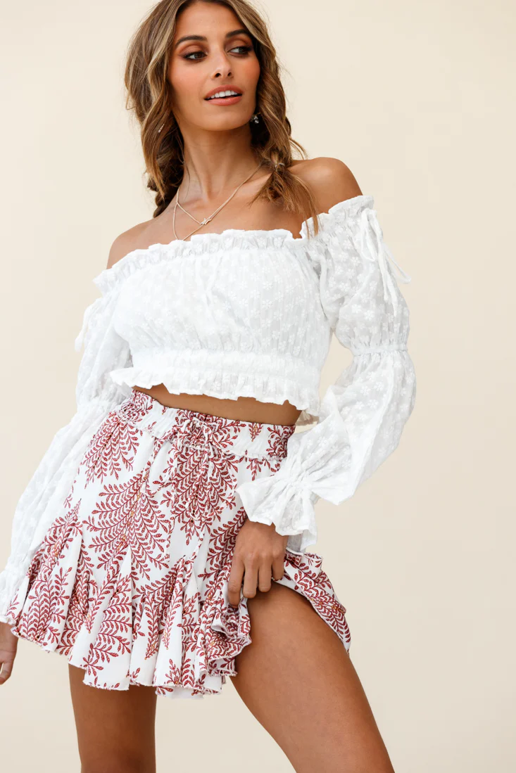 Robyn Flounce Mini Skirt Leaf Pattern White - Image 3