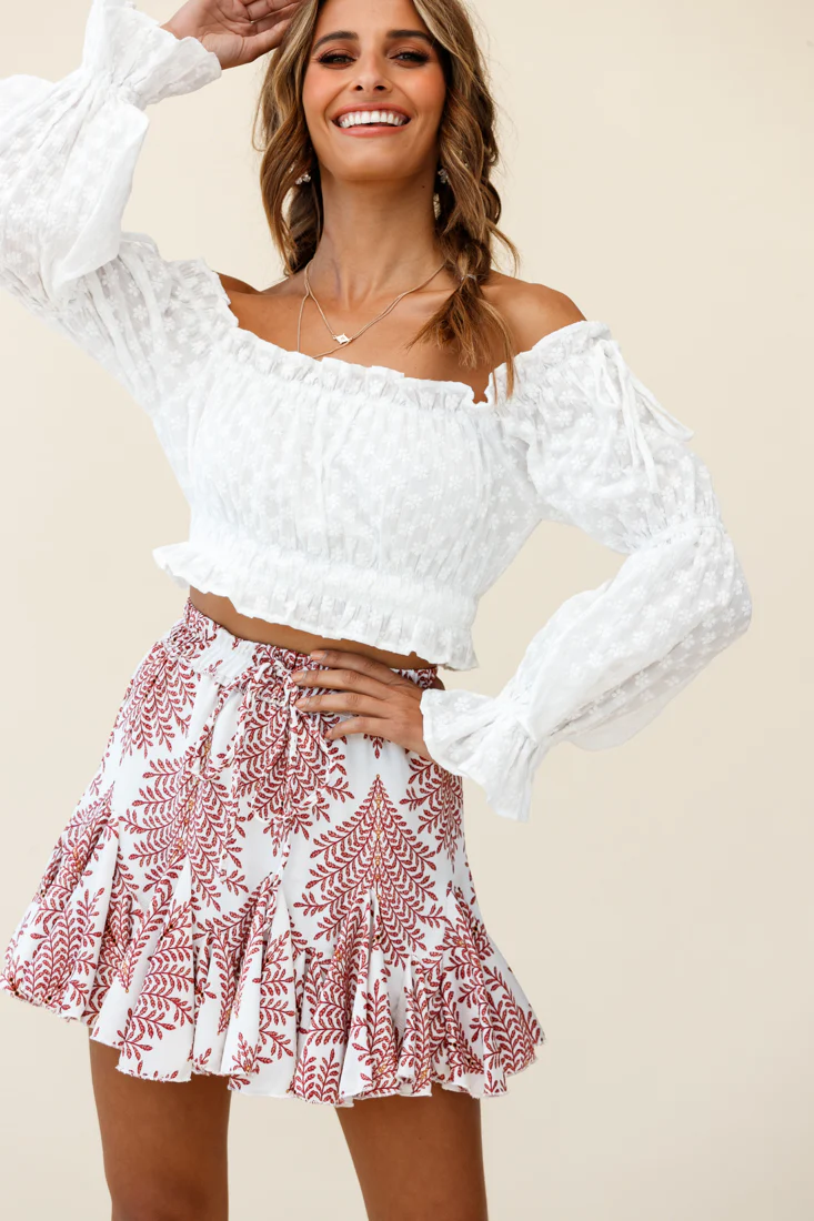 Robyn Flounce Mini Skirt Leaf Pattern White - Image 5