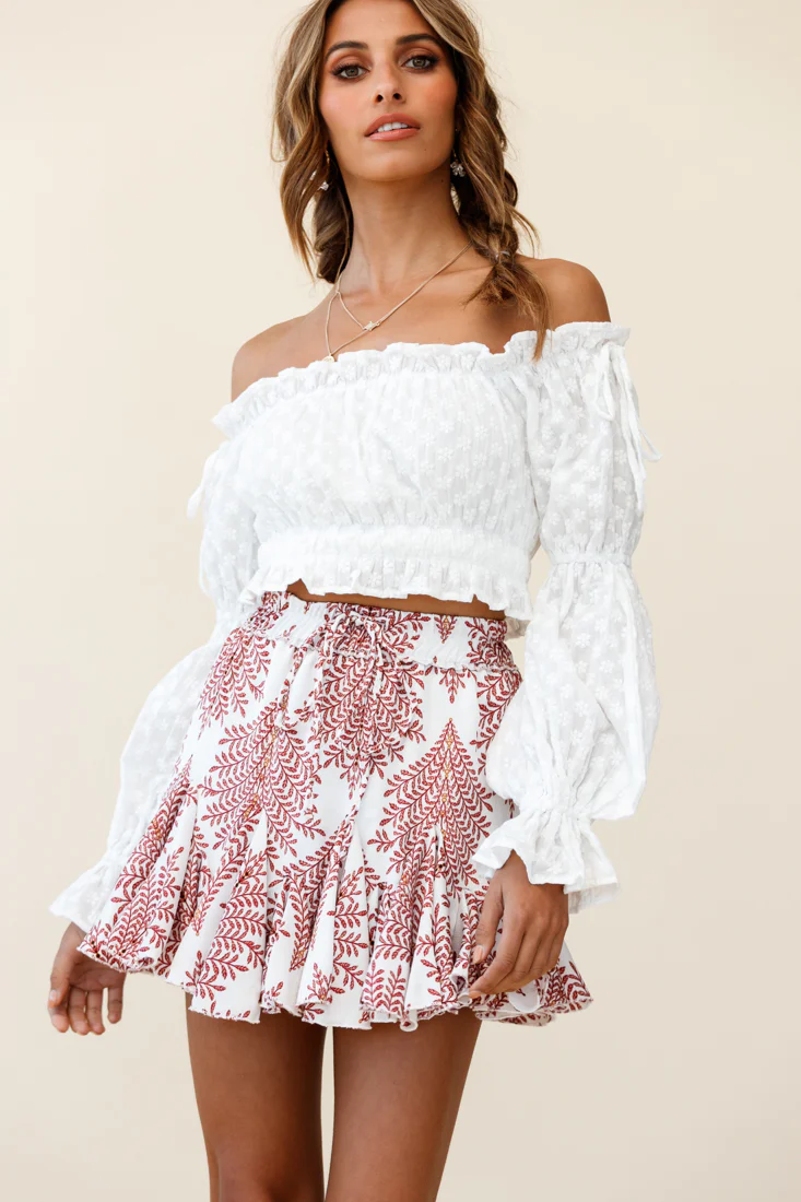 Robyn Flounce Mini Skirt Leaf Pattern White - Image 7