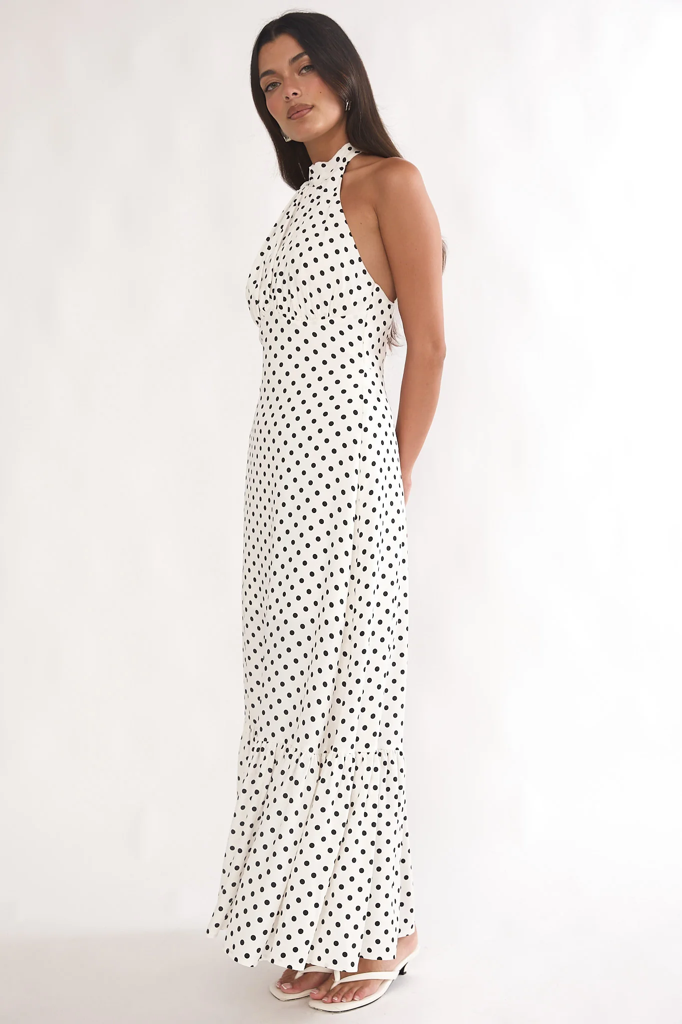 Romana High Neck Halter Maxi Dress Polka Dot White - Image 6