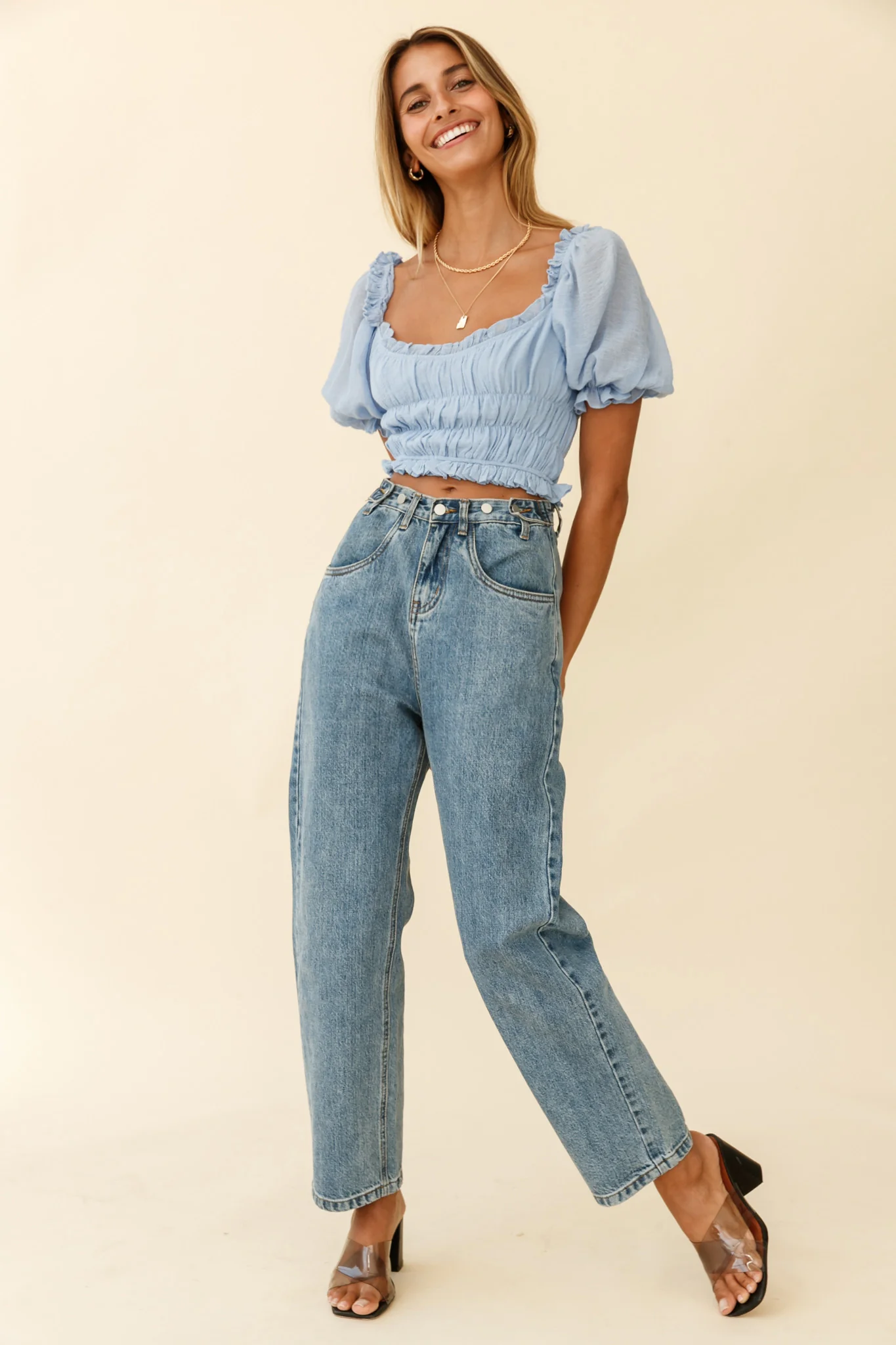 Romantics Shirred Bodice Puff Sleeve Crop Top Blue - Image 3