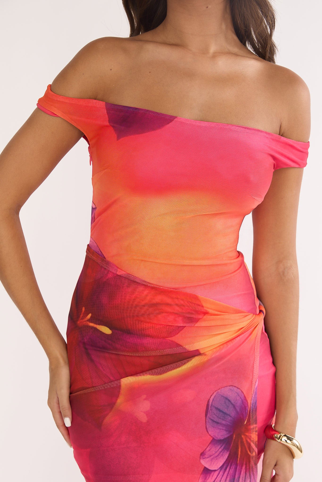 Romie Off-Shoulder Mesh Maxi Dress Print Floral - Image 4