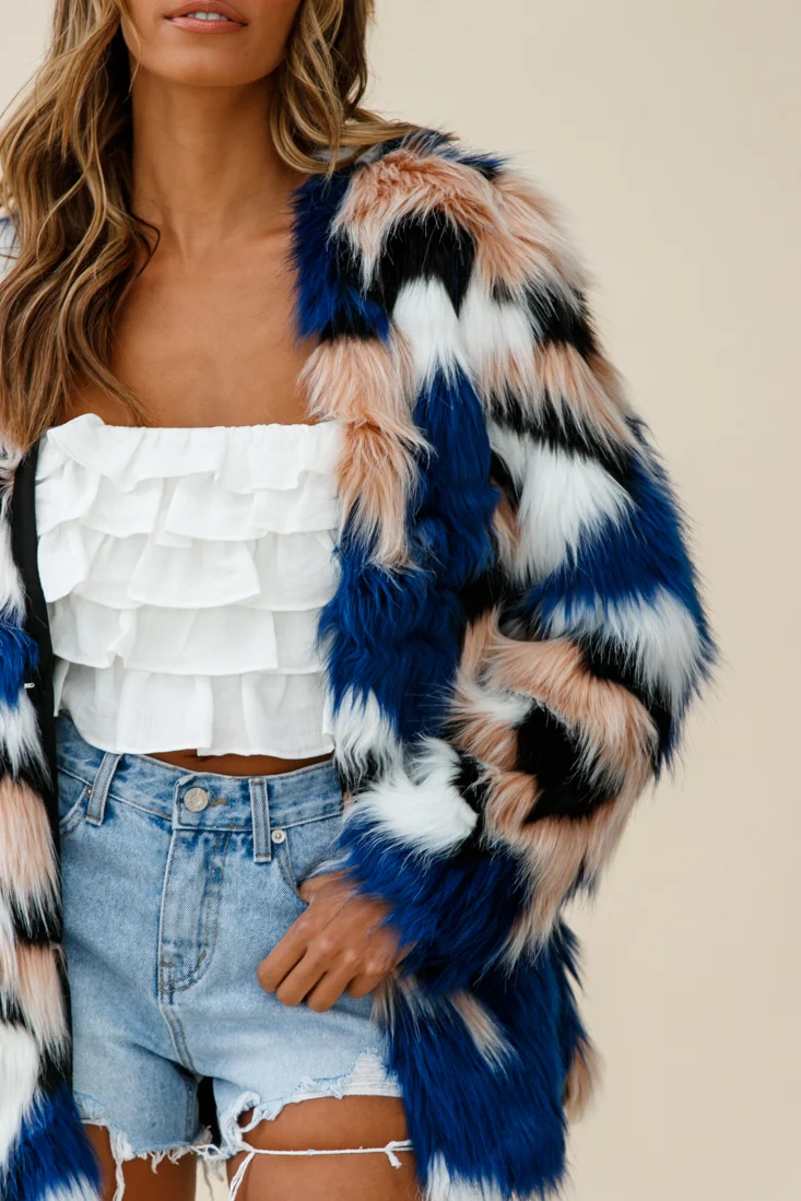 Ronan Faux Fur Multi-Print Coat Blue - Image 5