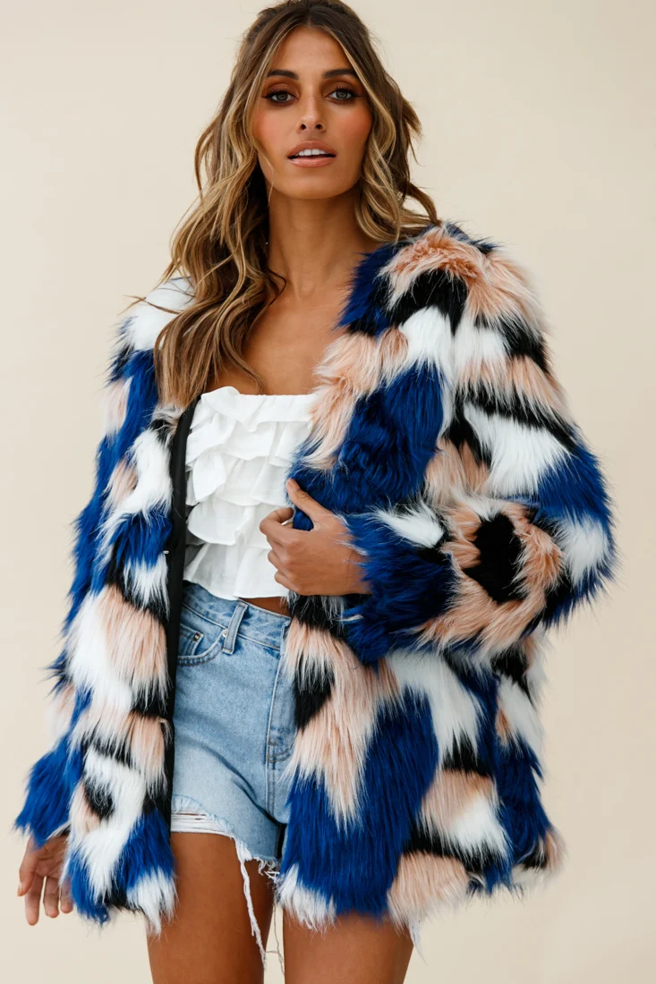 Ronan Faux Fur Multi-Print Coat Blue - Image 9