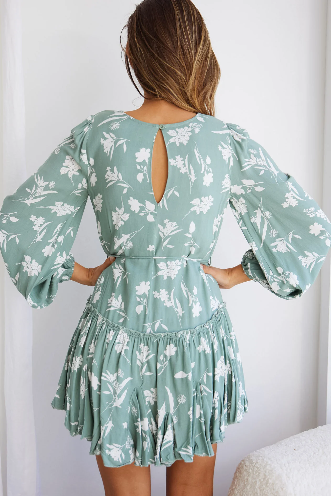 Rosabel Balloon Sleeve Fluted Hem Dress Botanic Print Sage - Image 2