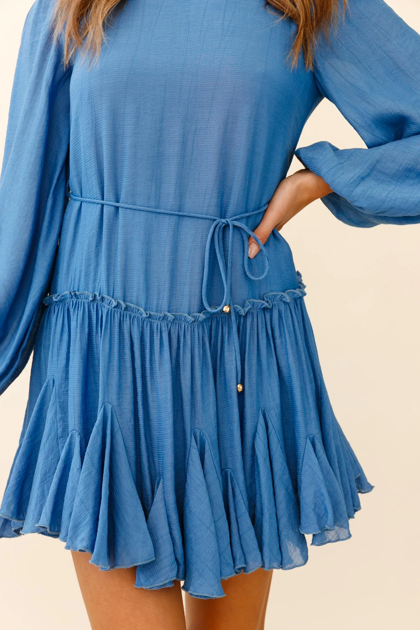 Rosabel Balloon Sleeve Fluted Hem Dress Denim Blue - Image 4