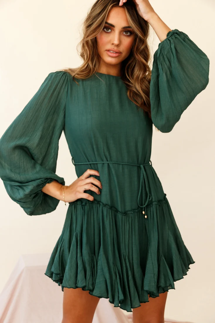 Rosabel Balloon Sleeve Fluted Hem Dress Green - Image 2