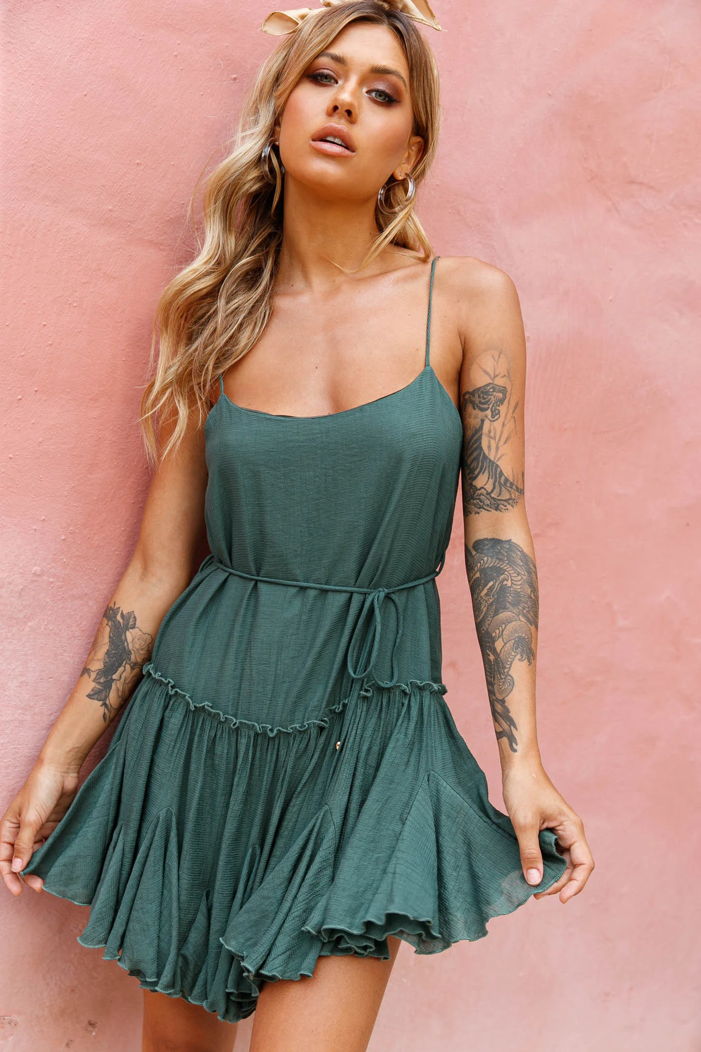 Rosabel Spaghetti Strap Fluted Hem Dress Green - Image 6