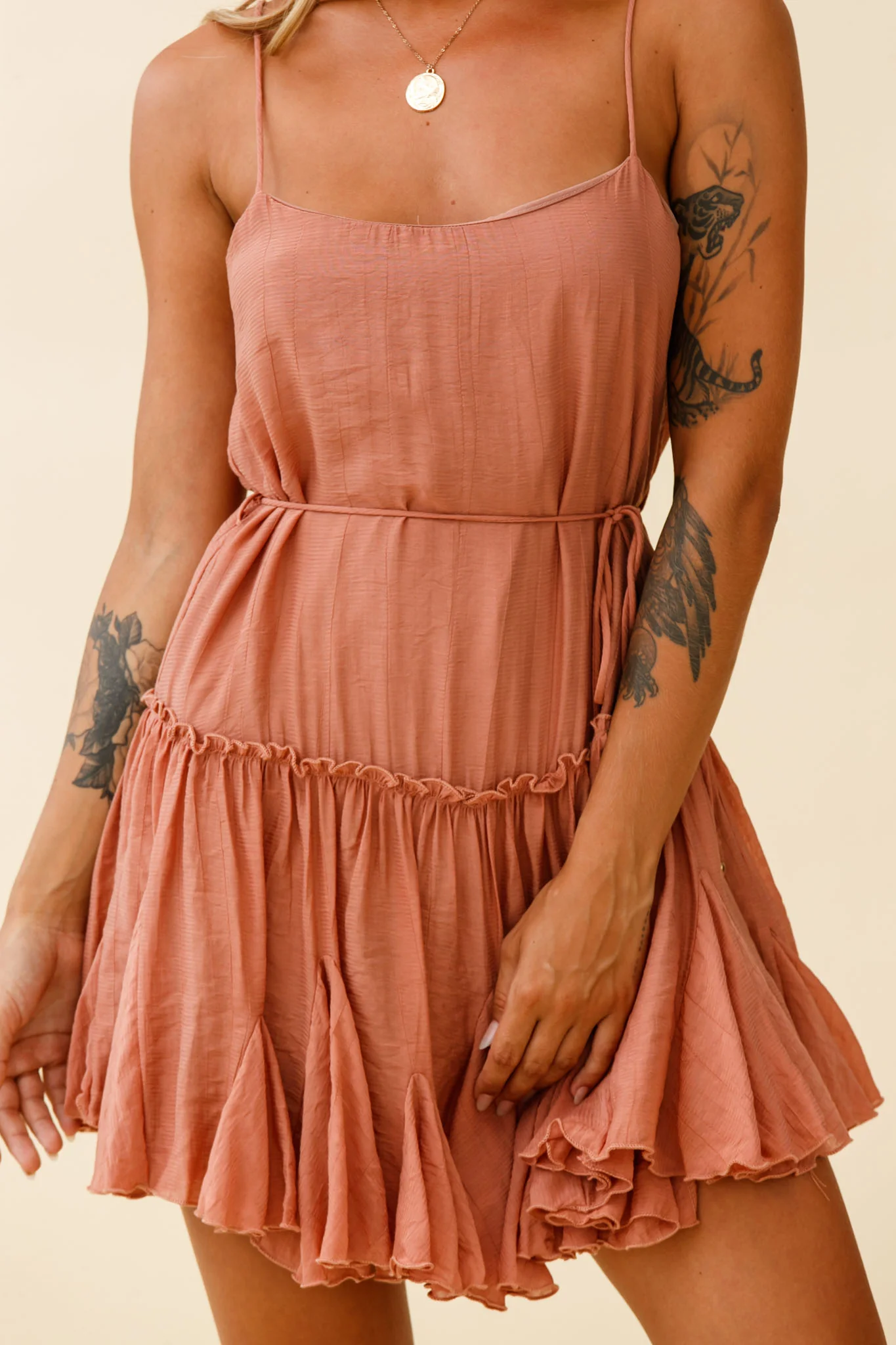 Rosabel Spaghetti Strap Fluted Hem Dress Rose - Image 4