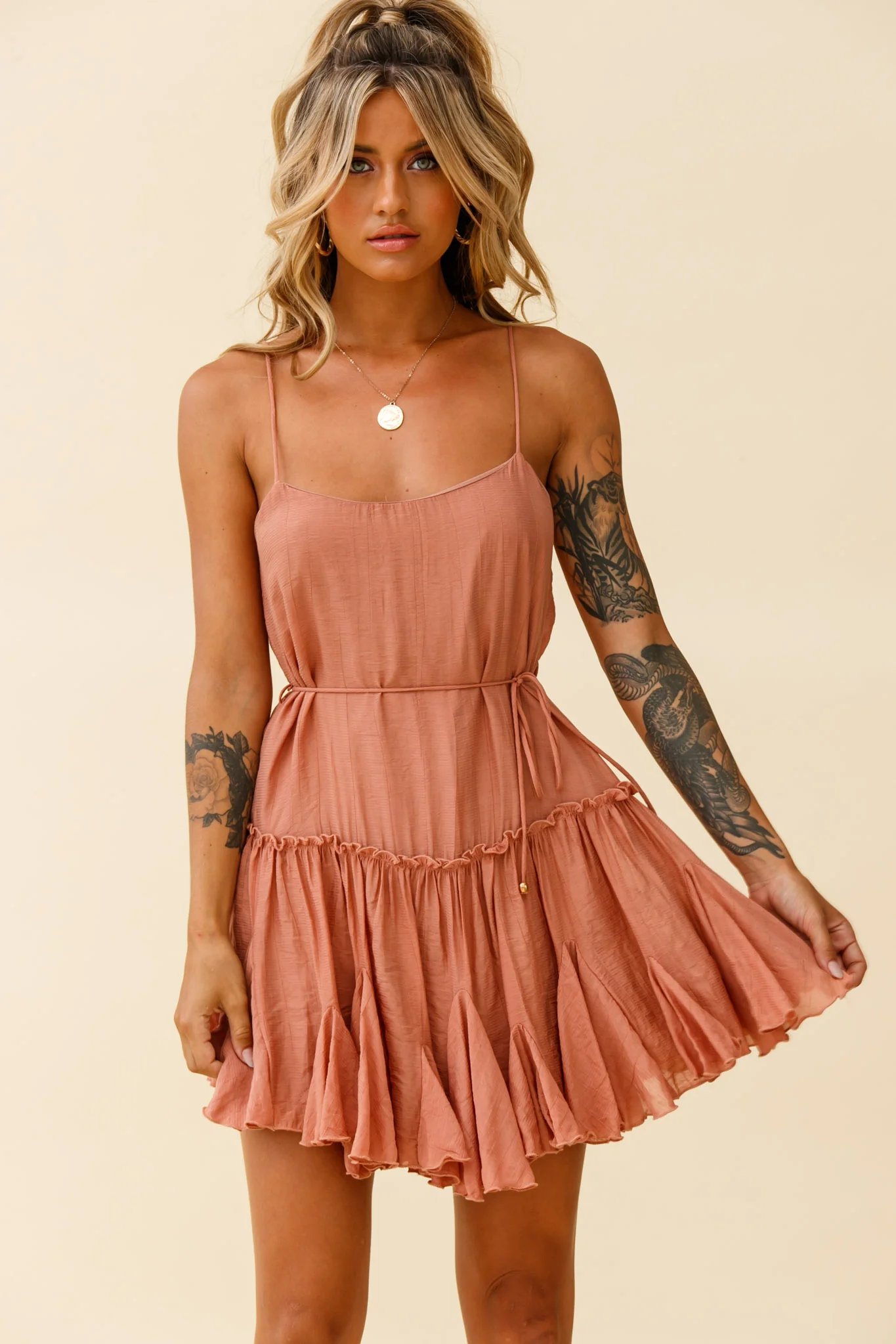 Rosabel Spaghetti Strap Fluted Hem Dress Rose - Image 6