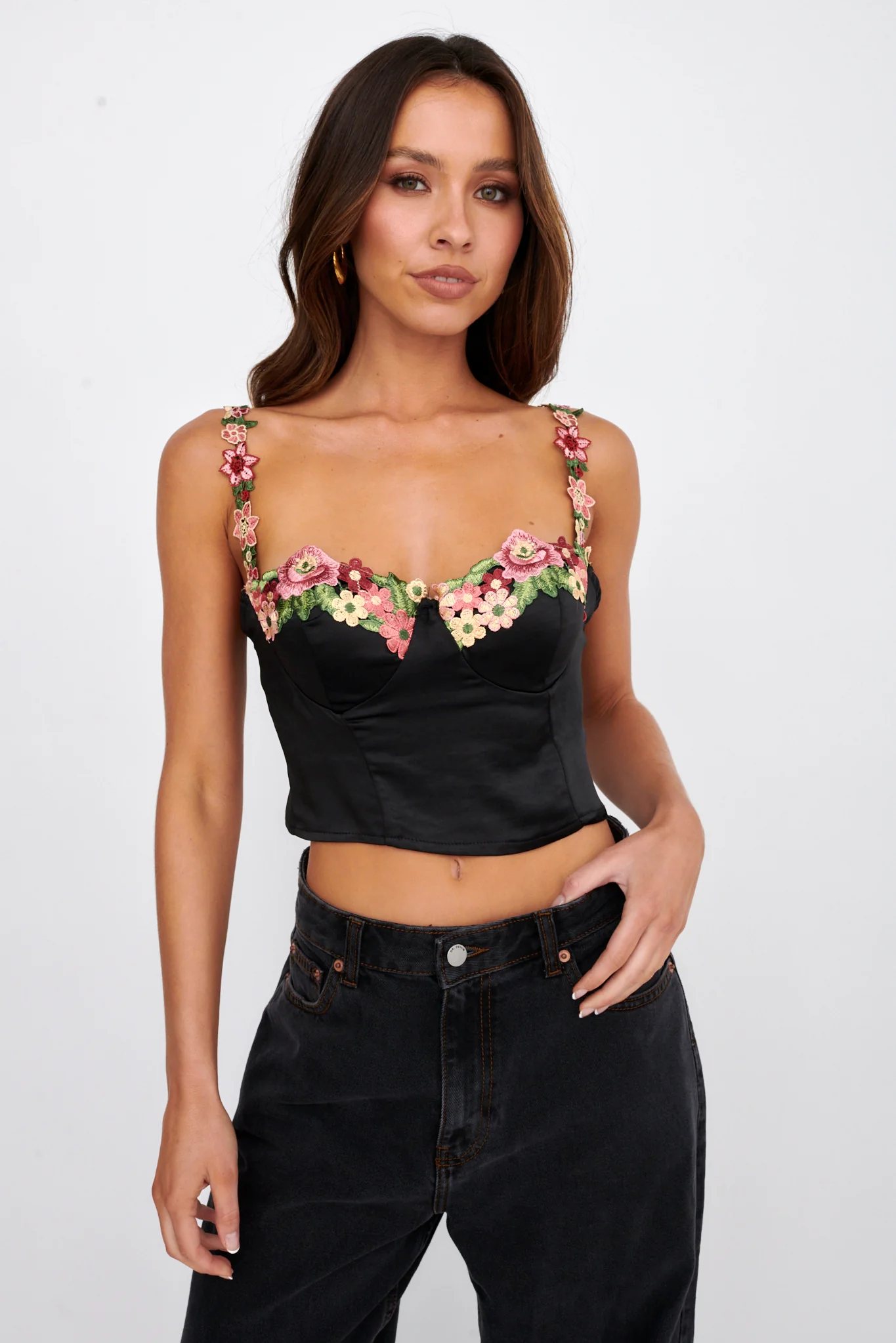 Rose Garden Floral Applique Crop Top Black - Image 4