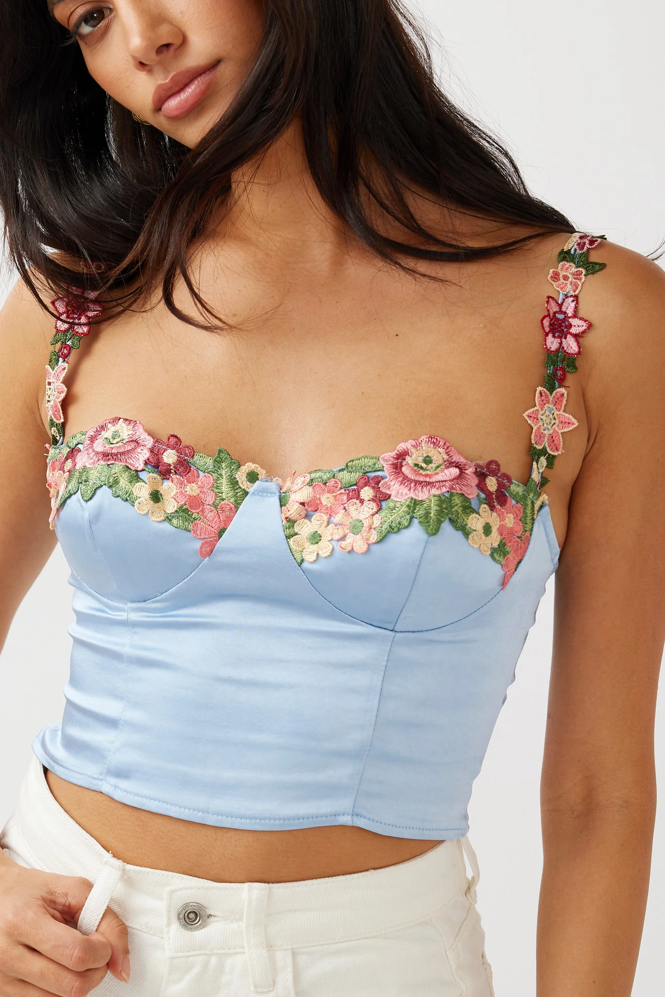 Rose Garden Floral Applique Crop Top Blue - Image 4
