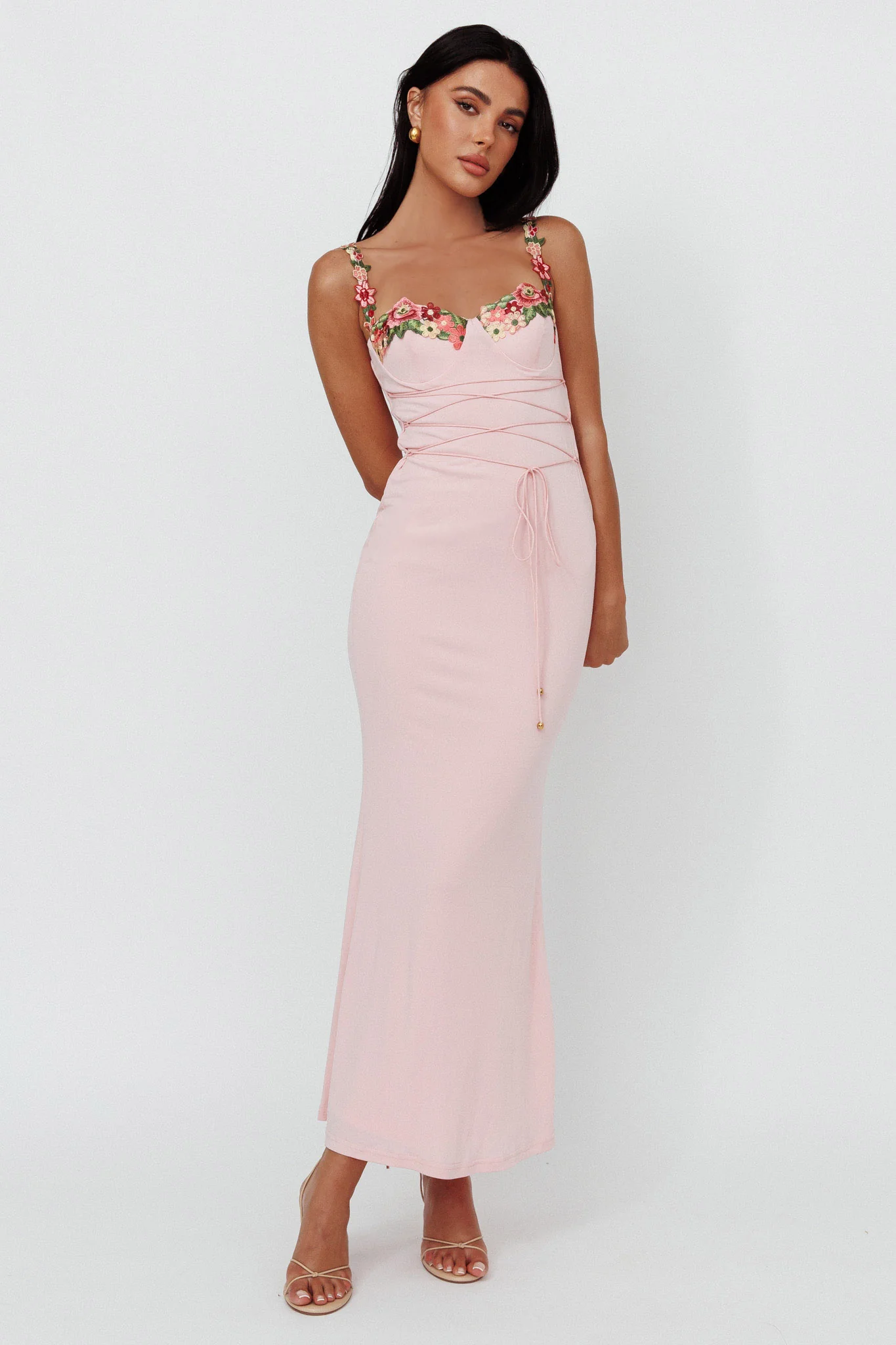 Rose Garden Floral Applique Laced Midi Dress Baby Pink - Image 3