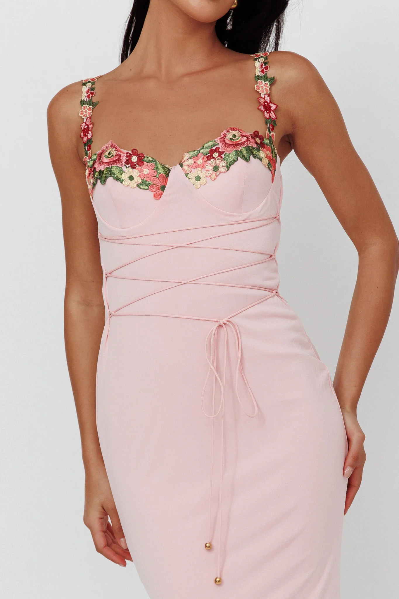 Rose Garden Floral Applique Laced Midi Dress Baby Pink - Image 4