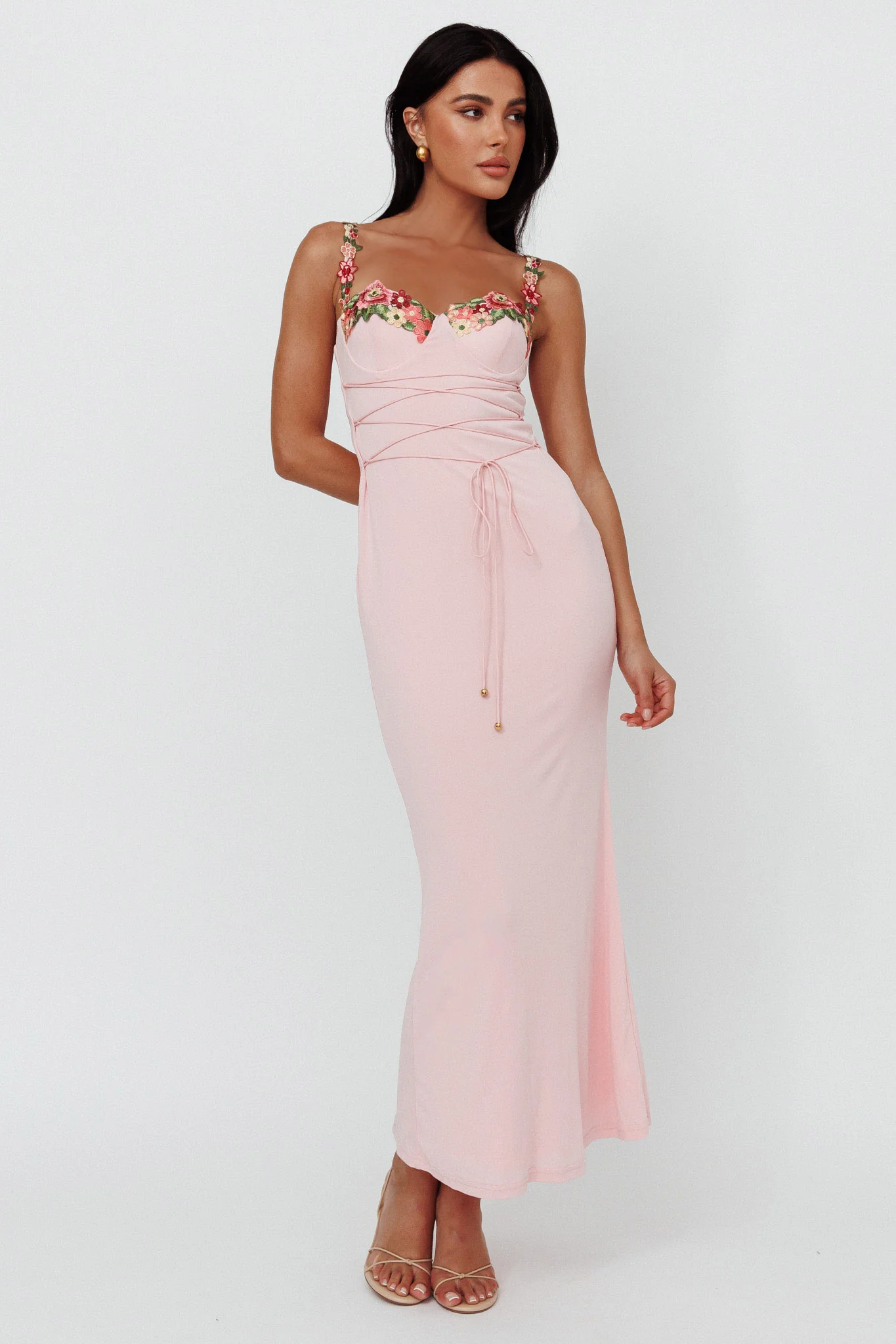 Rose Garden Floral Applique Laced Midi Dress Baby Pink - Image 5