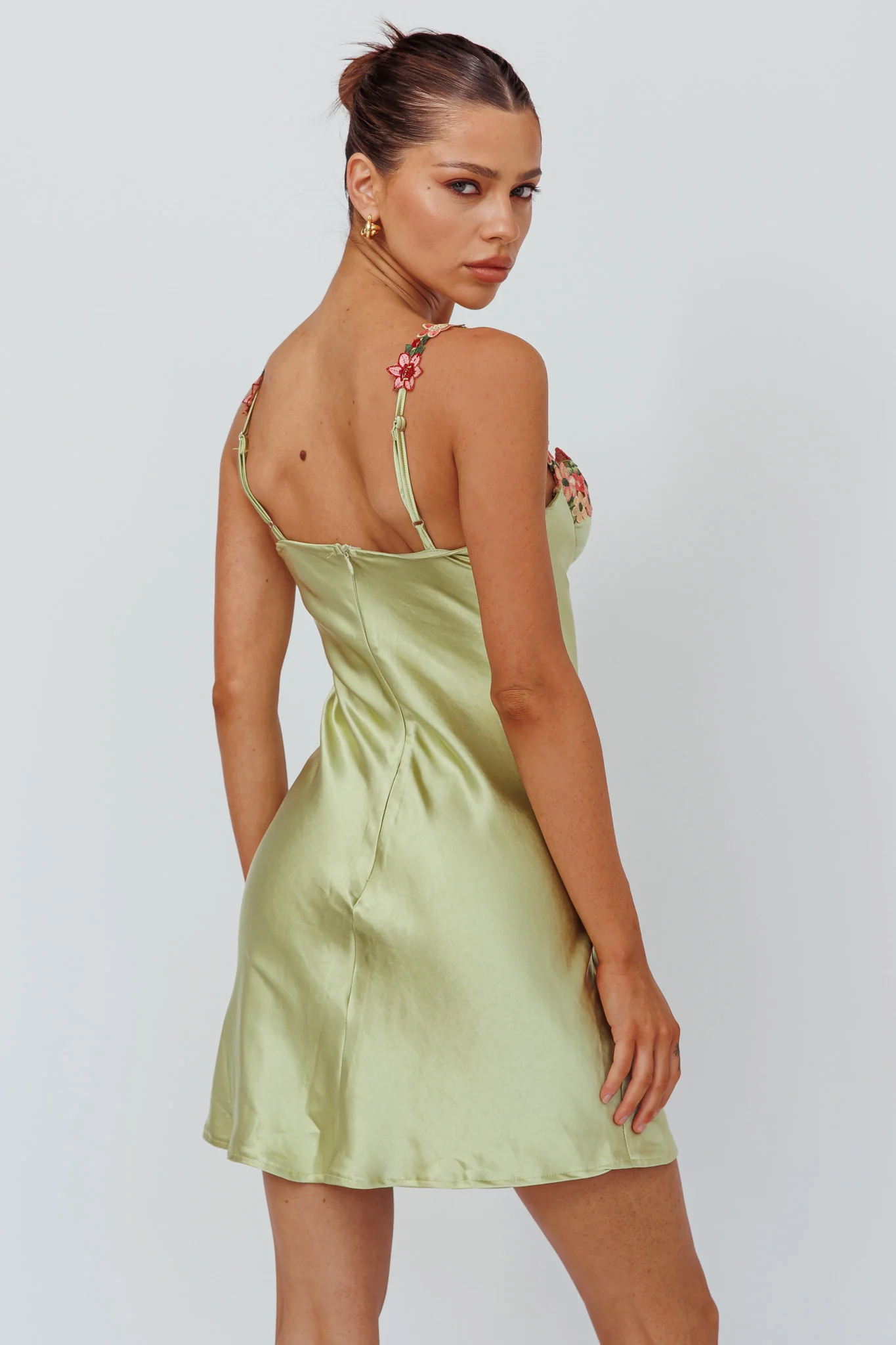 Rose Garden Floral Applique Mini Dress Lime - Image 3