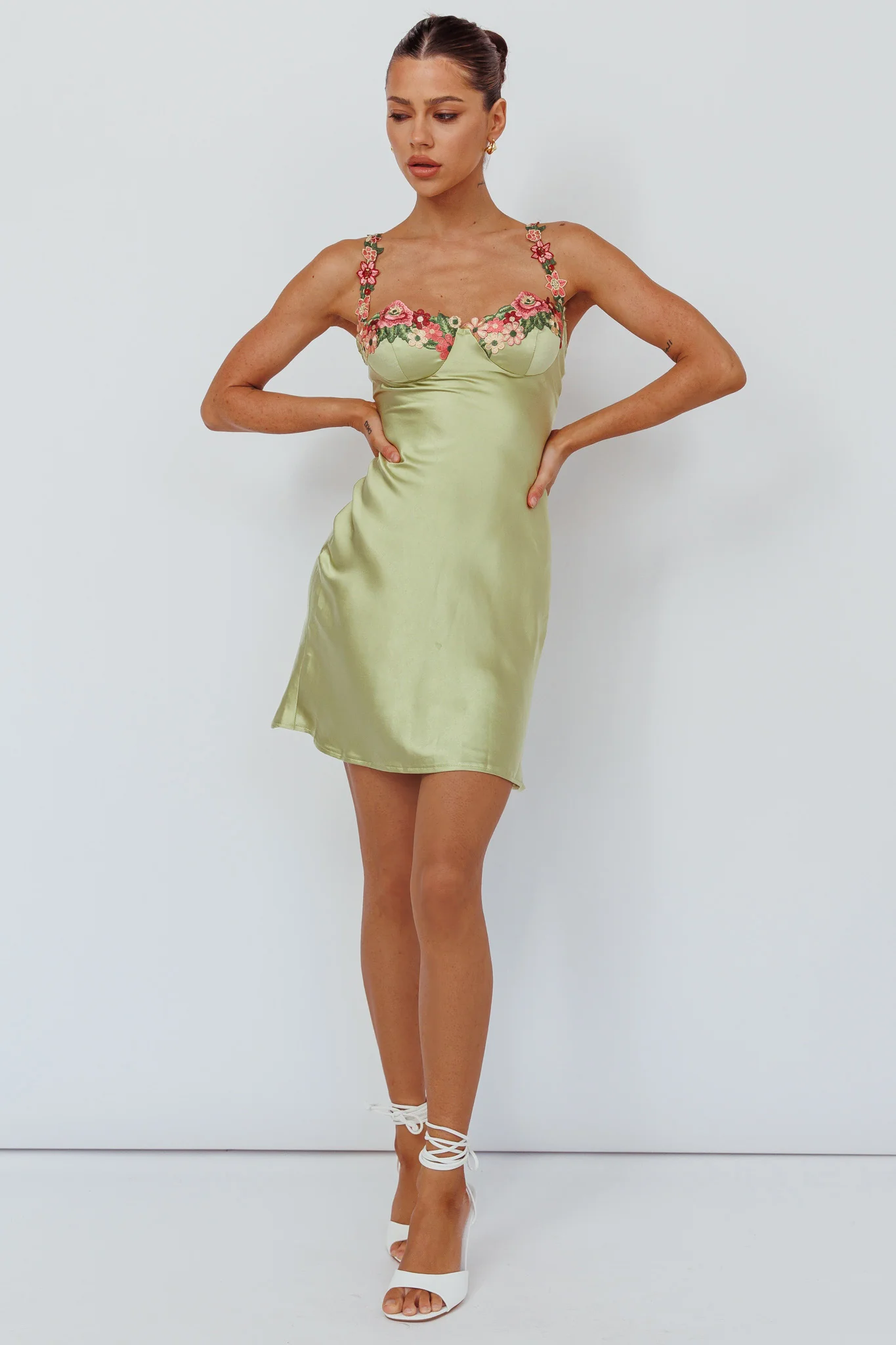 Rose Garden Floral Applique Mini Dress Lime - Image 4