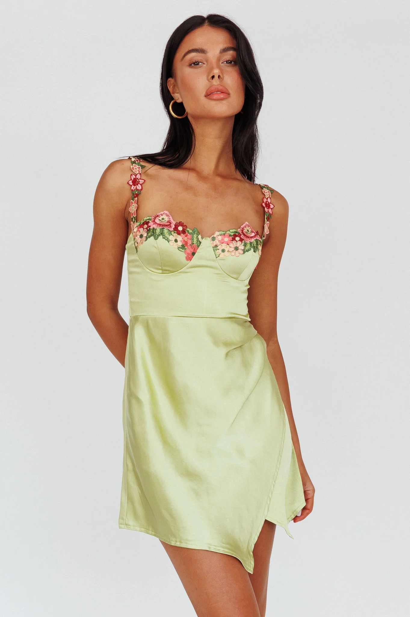 Rose Garden Floral Applique Wrap Mini Dress Lime - Image 2