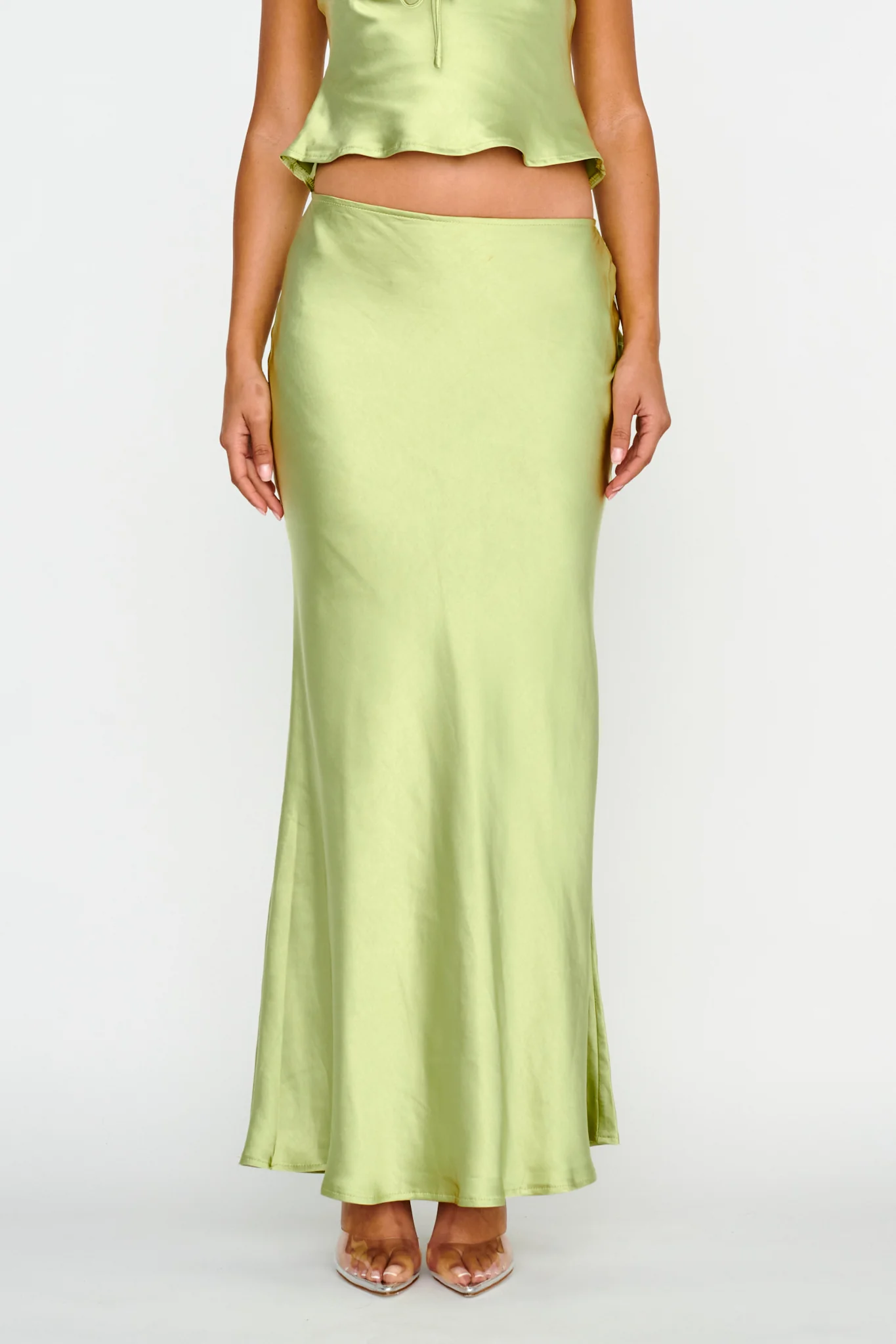 Rose Garden Satin Maxi Skirt Lime - Image 3