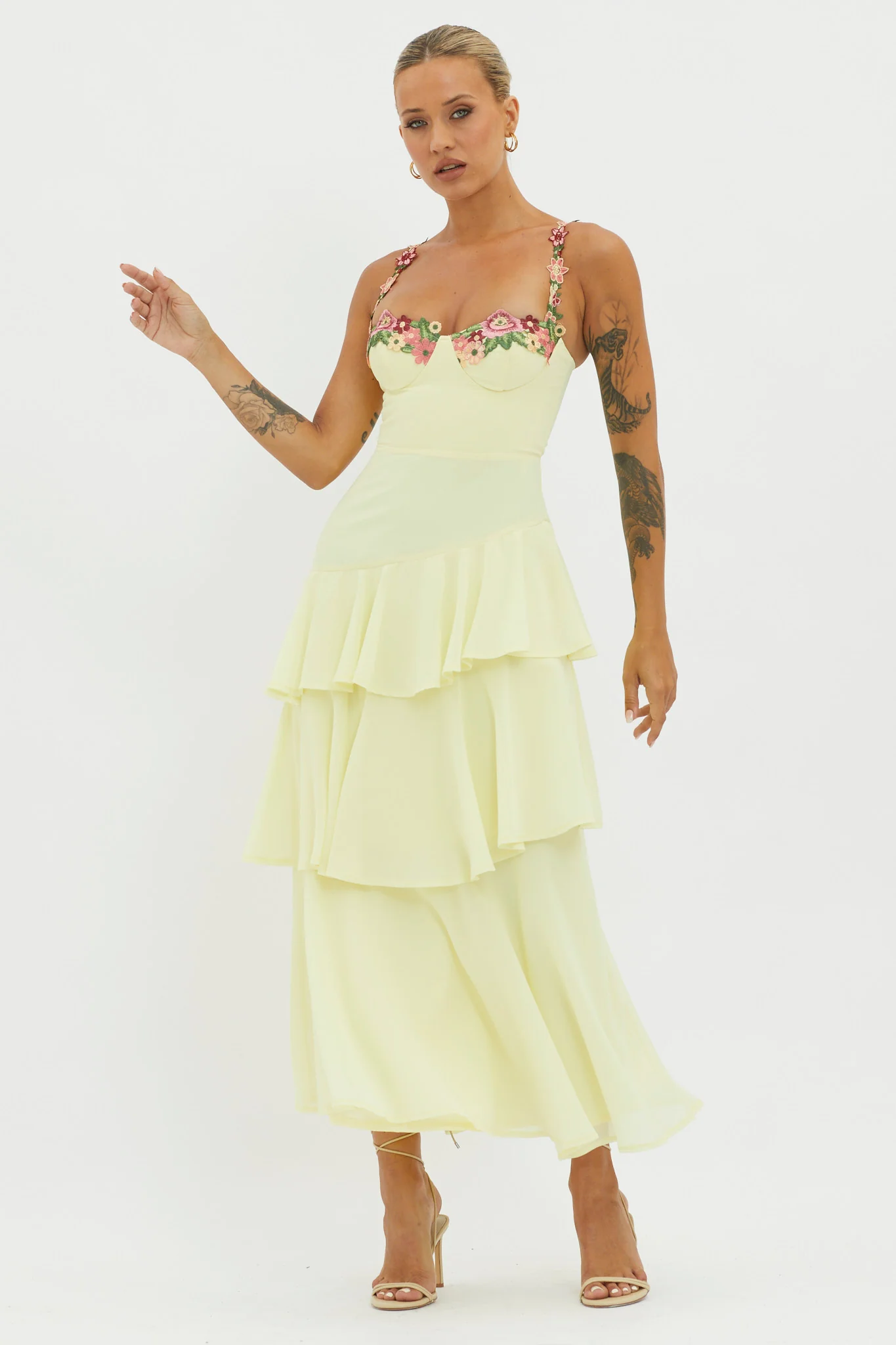 Rose Garden Tiered Ruffle Floral Trim Dress Lemon - Image 5