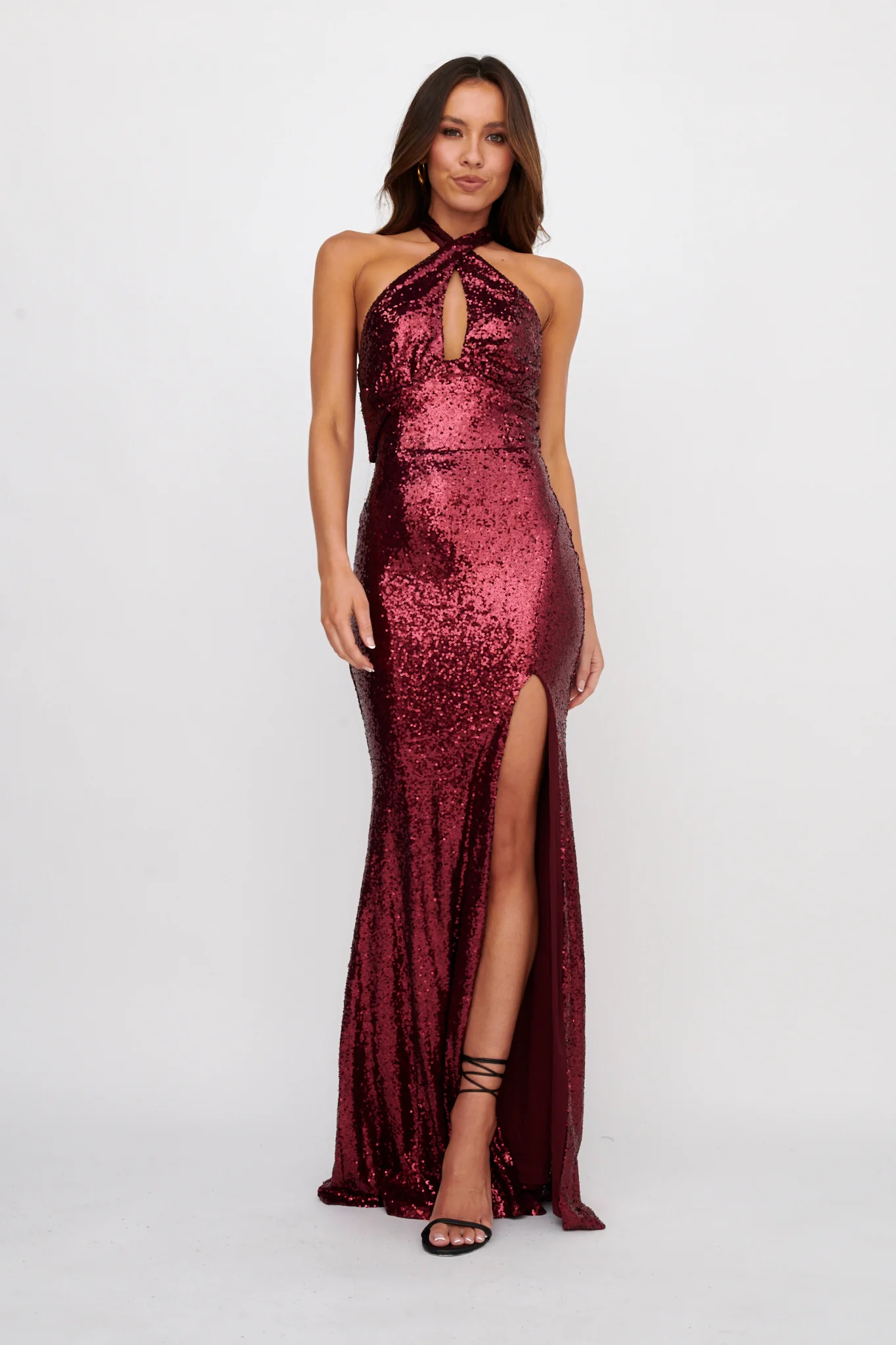 Rosella Halterneck Sequin Maxi Dress Burgundy - Image 2
