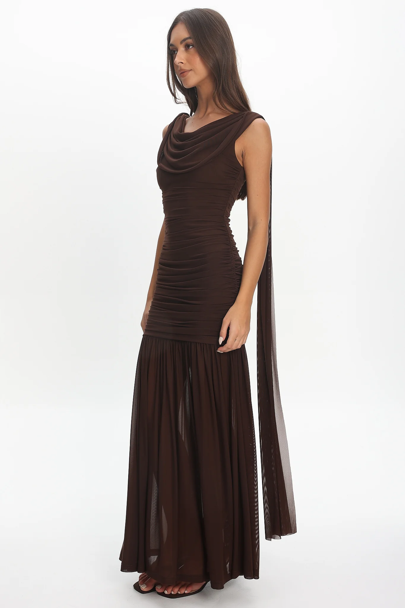 Rosellea Draped Shoulder Maxi Dress Chocolate - Image 5